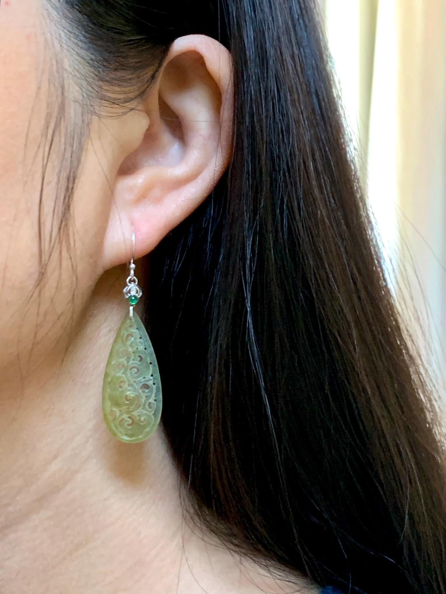 Natural Grade A Icy Highly Translucent Yellow Jade Jadeite Openwork Engraved Teardrop Earrings Sterling Silver 天然冰黄翡翠镂空雕水滴耳钩耳吊 BMH248