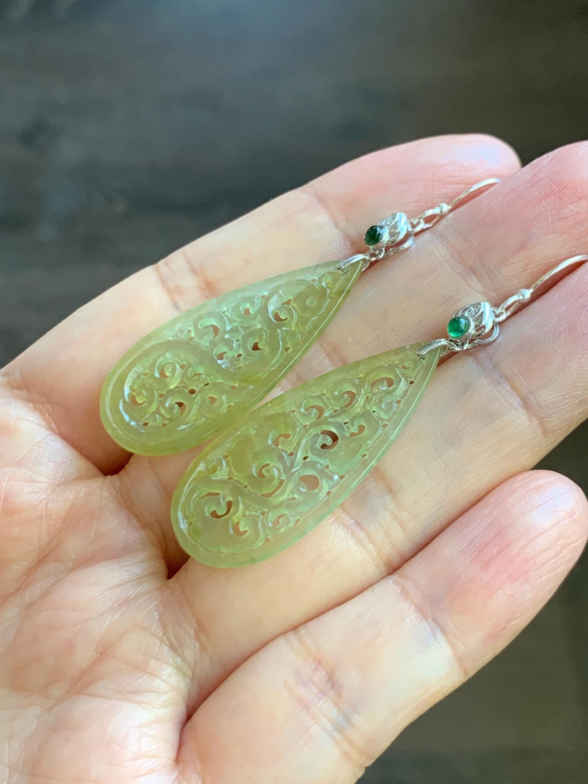Natural Grade A Icy Highly Translucent Yellow Jade Jadeite Openwork Engraved Teardrop Earrings Sterling Silver 天然冰黄翡翠镂空雕水滴耳钩耳吊 BMH248