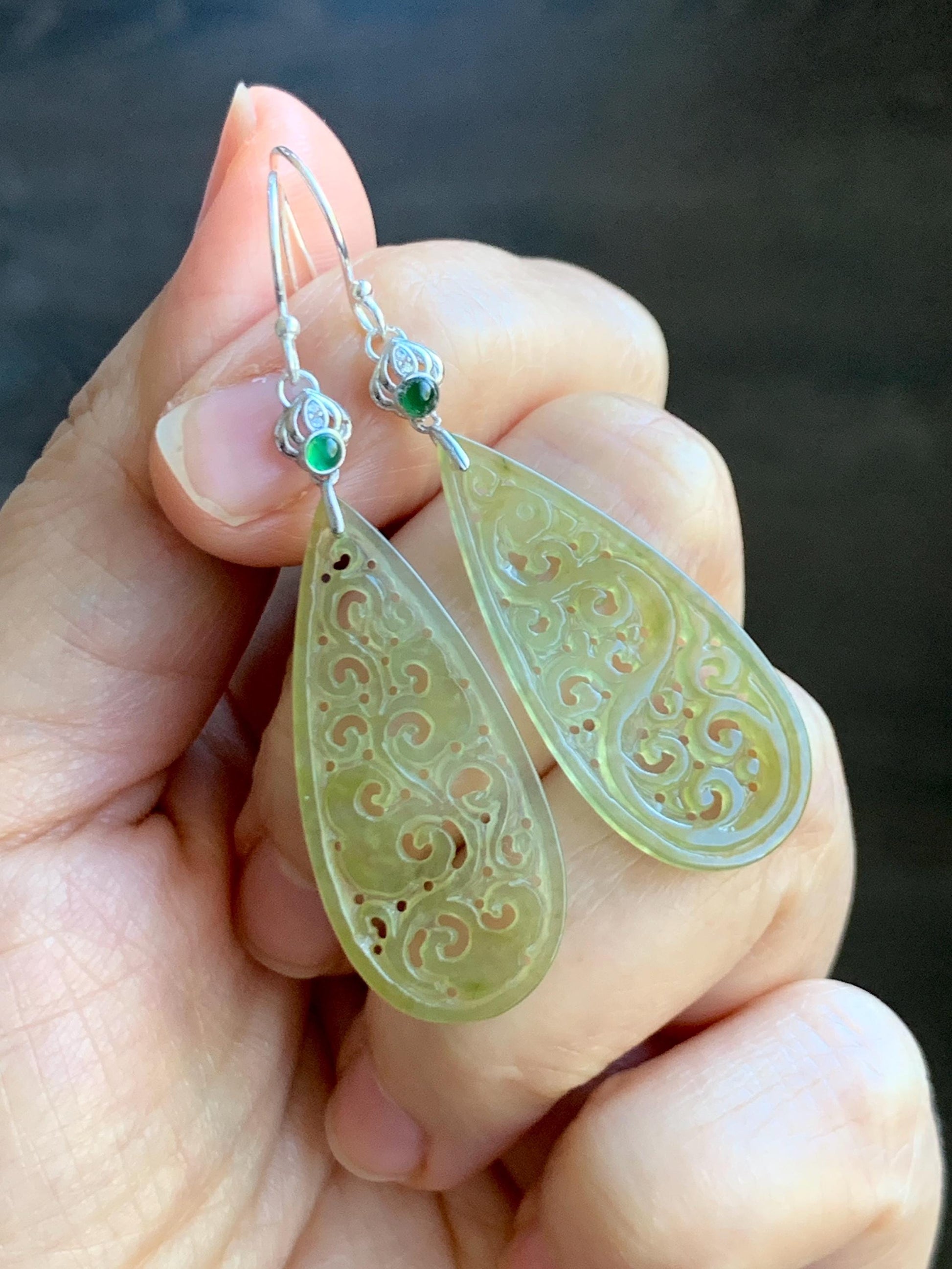 Natural Grade A Icy Highly Translucent Yellow Jade Jadeite Openwork Engraved Teardrop Earrings Sterling Silver 天然冰黄翡翠镂空雕水滴耳钩耳吊 BMH248