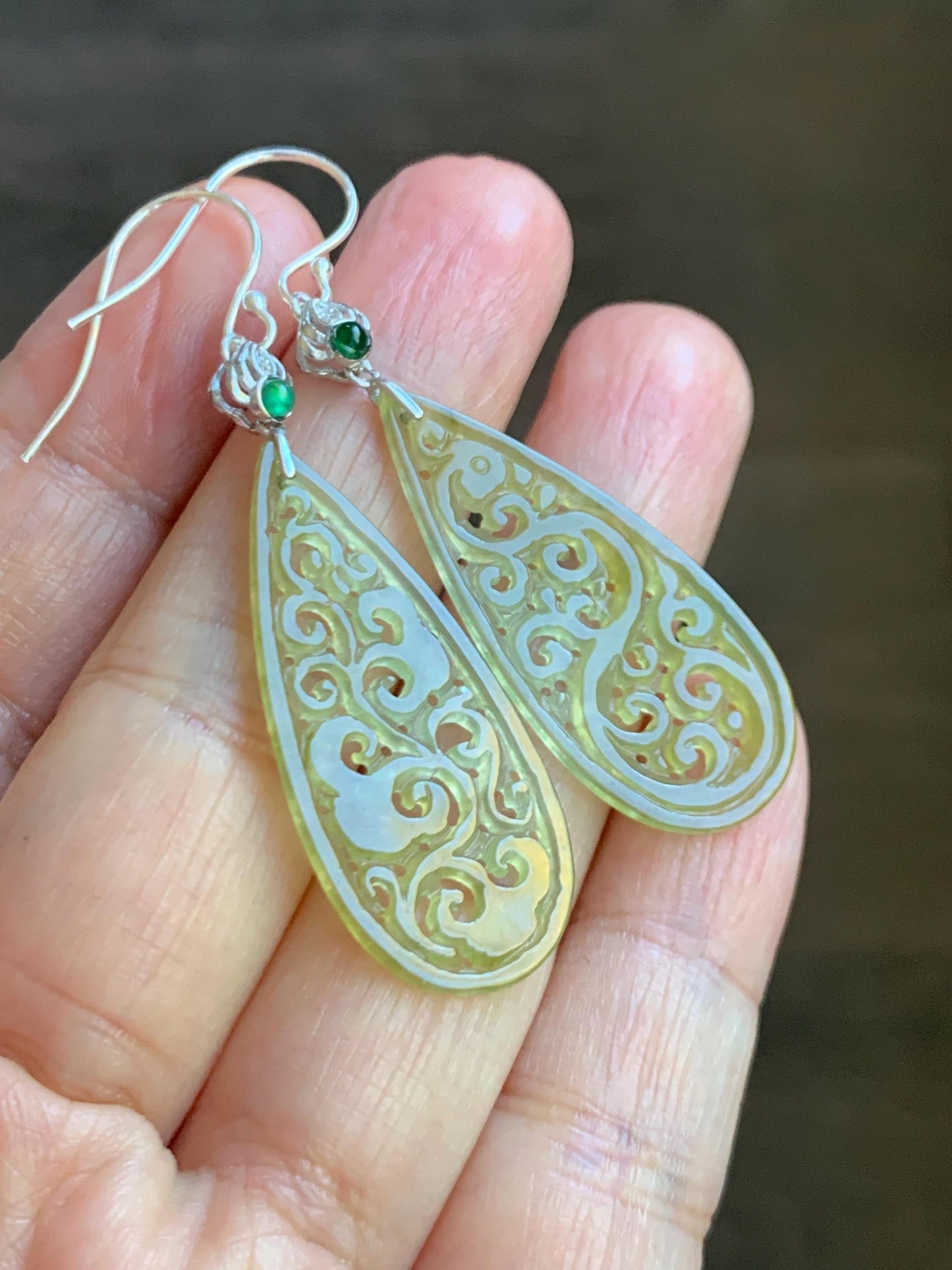 Natural Grade A Icy Highly Translucent Yellow Jade Jadeite Openwork Engraved Teardrop Earrings Sterling Silver 天然冰黄翡翠镂空雕水滴耳钩耳吊 BMH248