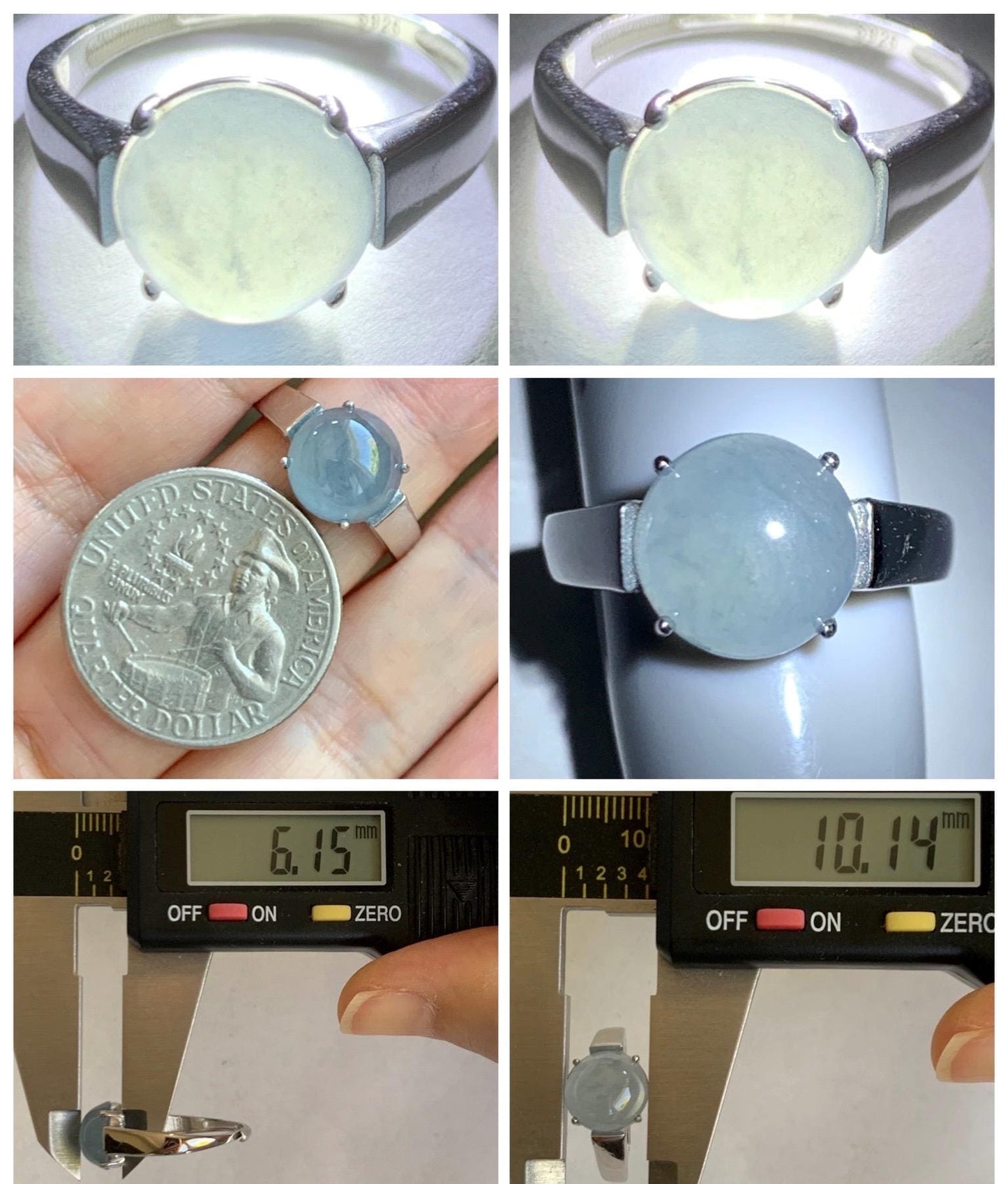 Natural Grade A Guatemalan Icy Highly Translucent Light Blue Large Jade Jadeite Solitaire Ring Sterling Silver Size 7 天然冰危淡蓝翡翠银镶戒指 DLW110