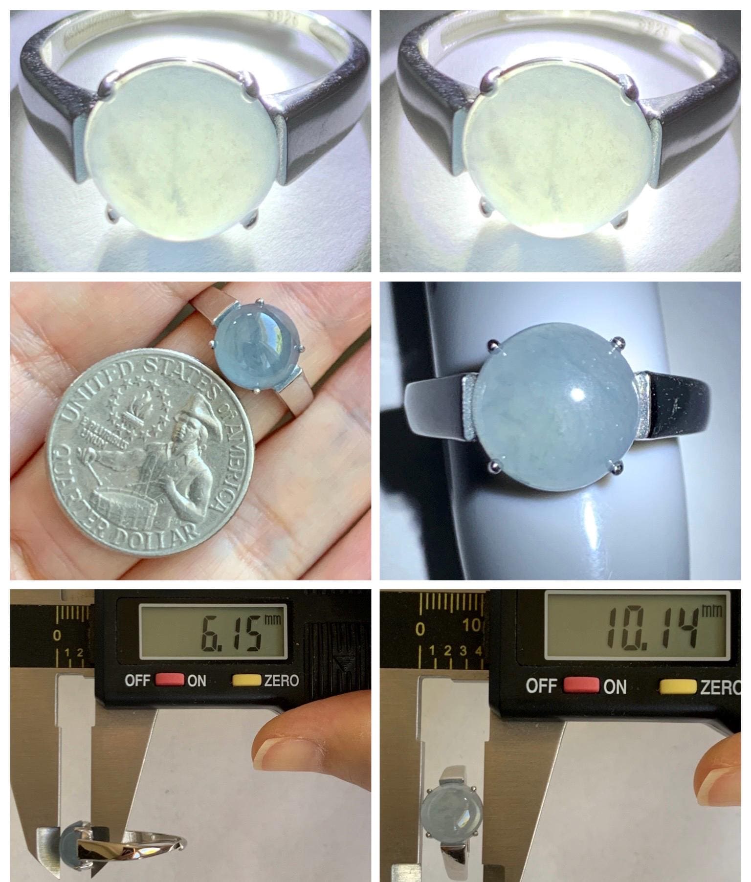 Natural Grade A Guatemalan Icy Highly Translucent Light Blue Large Jade Jadeite Solitaire Ring Sterling Silver Size 7 天然冰危淡蓝翡翠银镶戒指 DLW110