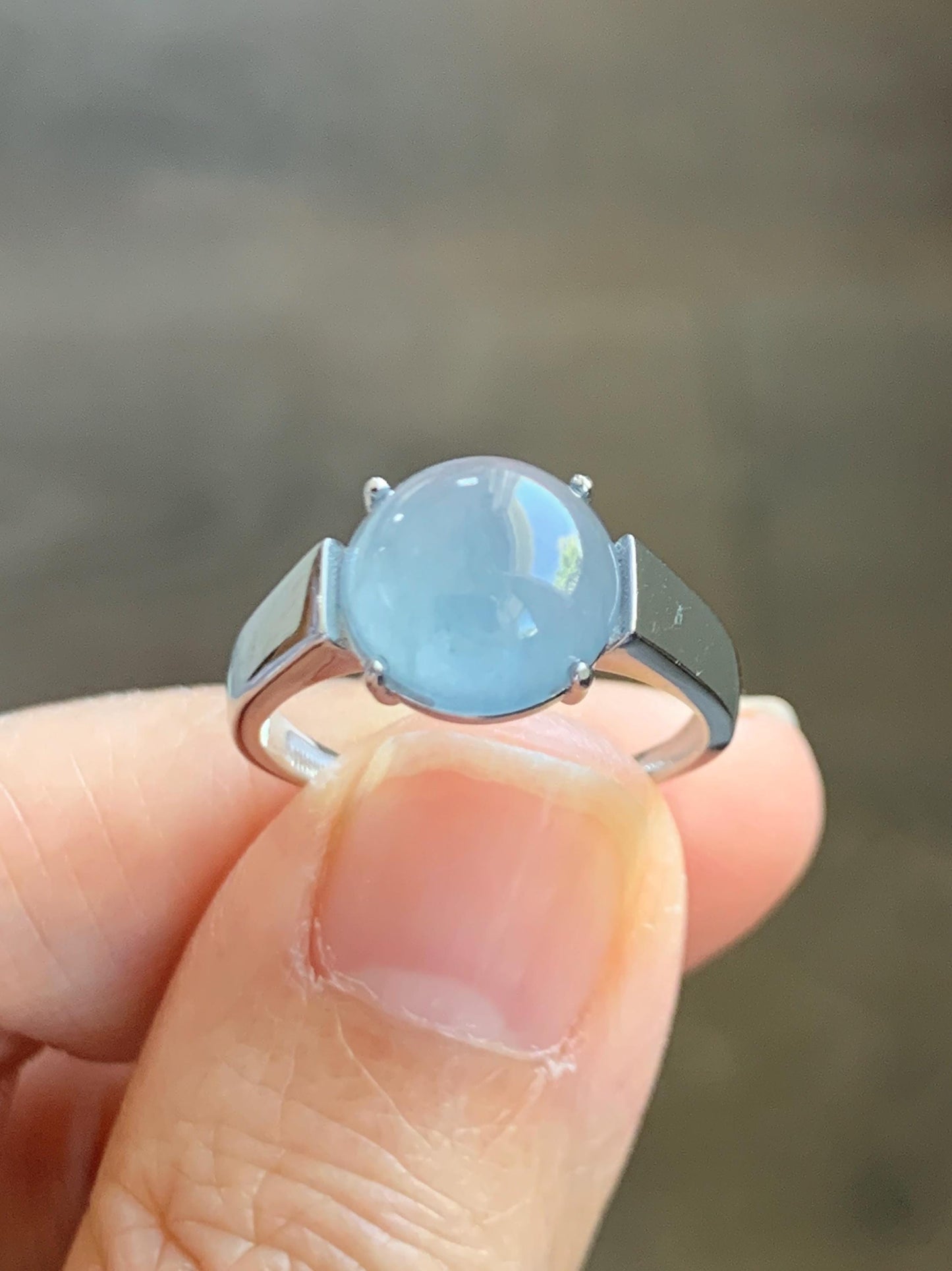 Natural Grade A Guatemalan Icy Highly Translucent Light Blue Large Jade Jadeite Solitaire Ring Sterling Silver Size 7 天然冰危淡蓝翡翠银镶戒指 DLW110