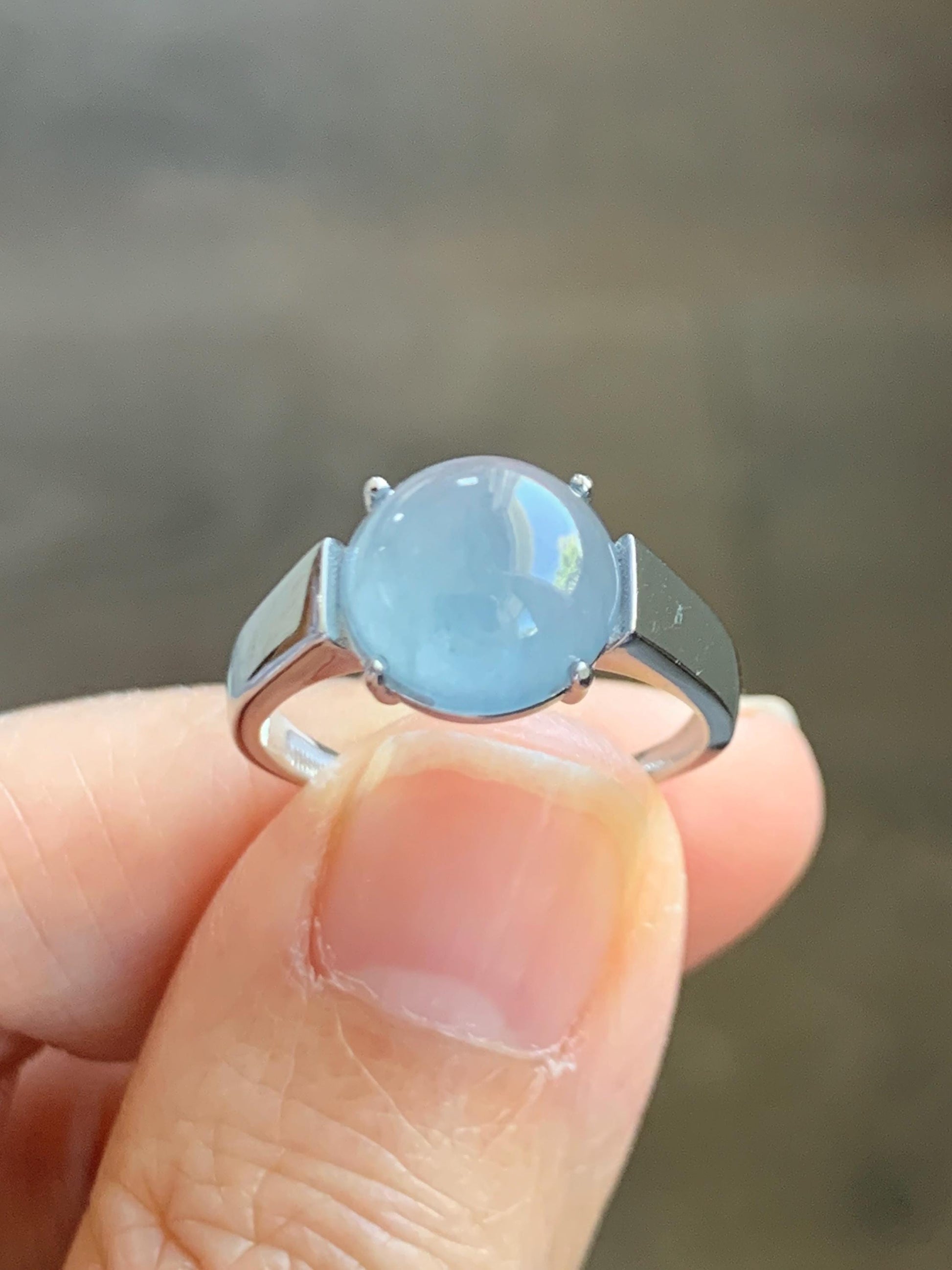 Natural Grade A Guatemalan Icy Highly Translucent Light Blue Large Jade Jadeite Solitaire Ring Sterling Silver Size 7 天然冰危淡蓝翡翠银镶戒指 DLW110