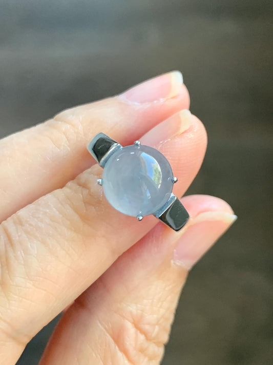 Natural Grade A Guatemalan Icy Highly Translucent Light Blue Large Jade Jadeite Solitaire Ring Sterling Silver Size 7 天然冰危淡蓝翡翠银镶戒指 DLW110