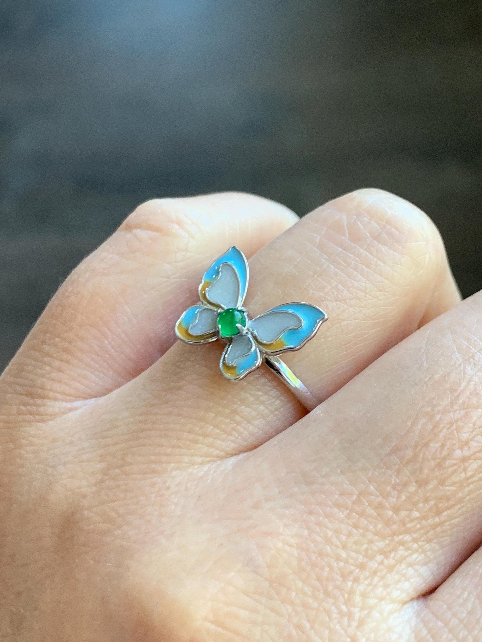 Natural Grade A Guatemalan Icy Translucent Vibrant Green Jade Jadeite Butterfly Enamel Ring Sterling Silver 天然冰危绿翡翠银镶蝴蝶烤漆戒指 HDK66