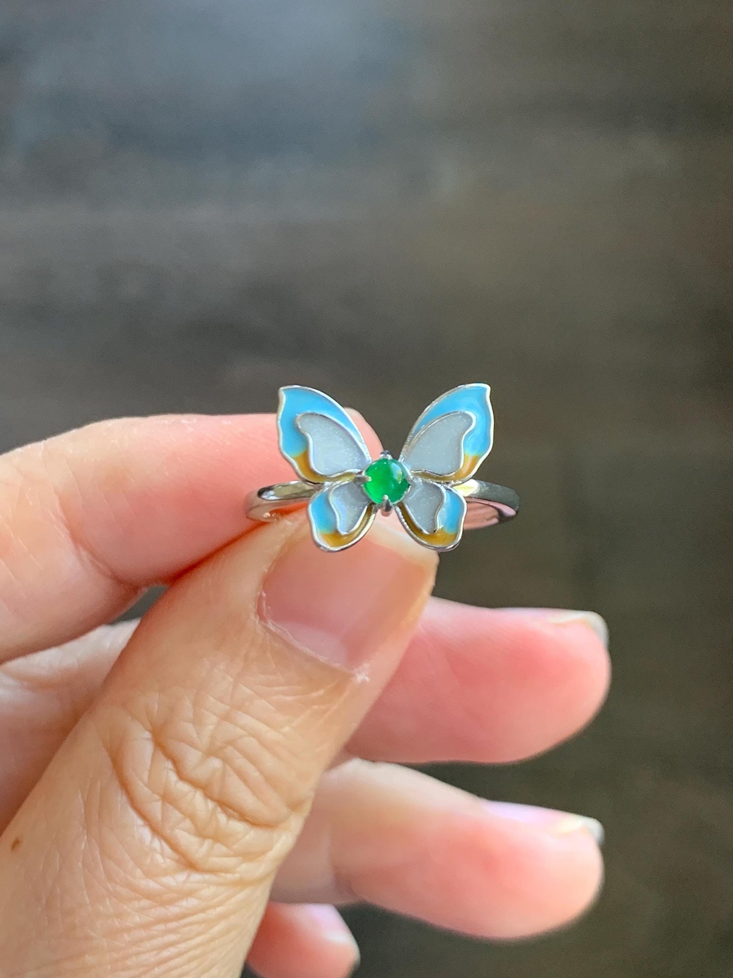 Natural Grade A Guatemalan Icy Translucent Vibrant Green Jade Jadeite Butterfly Enamel Ring Sterling Silver 天然冰危绿翡翠银镶蝴蝶烤漆戒指 HDK66