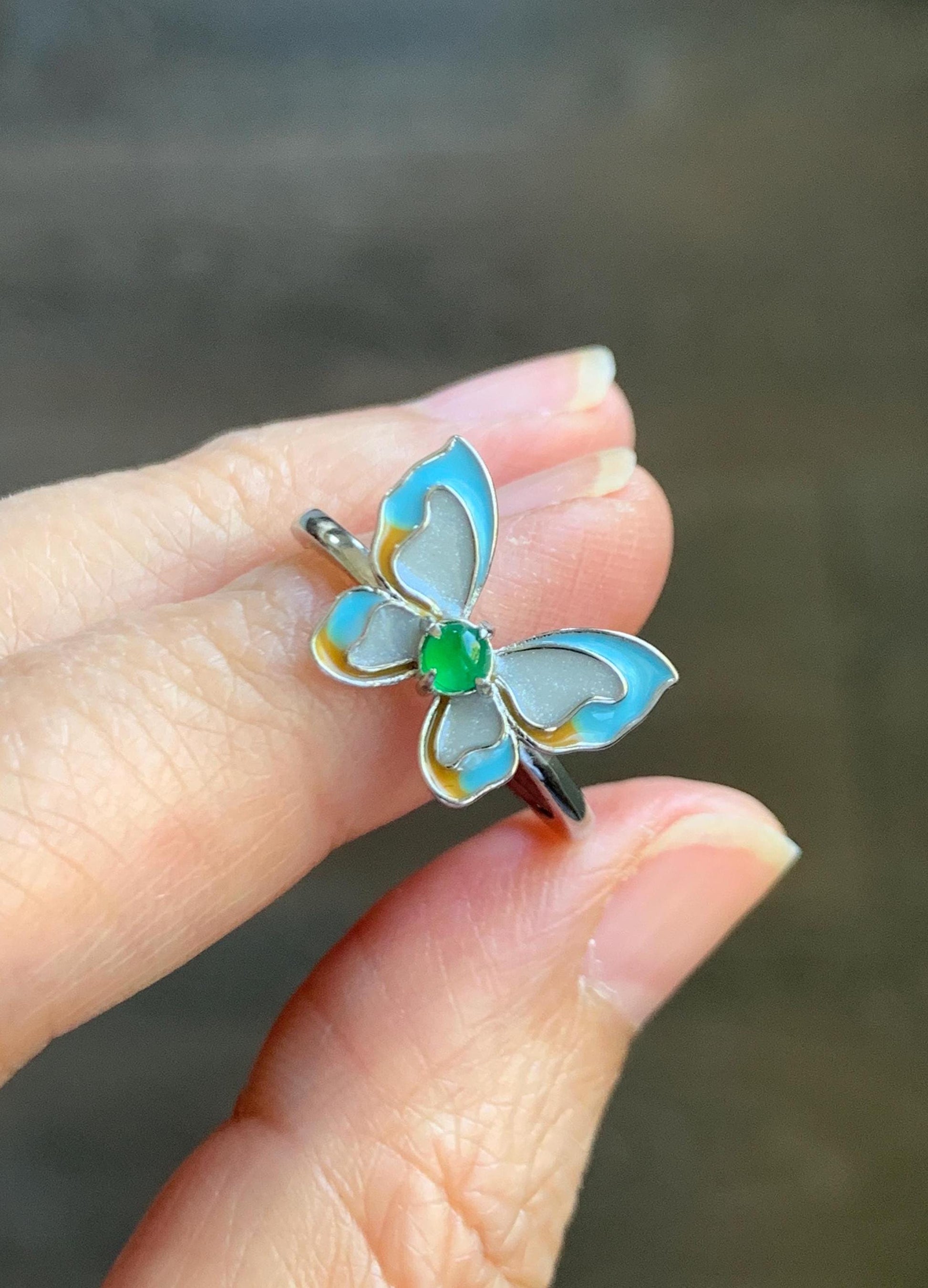 Natural Grade A Guatemalan Icy Translucent Vibrant Green Jade Jadeite Butterfly Enamel Ring Sterling Silver 天然冰危绿翡翠银镶蝴蝶烤漆戒指 HDK66