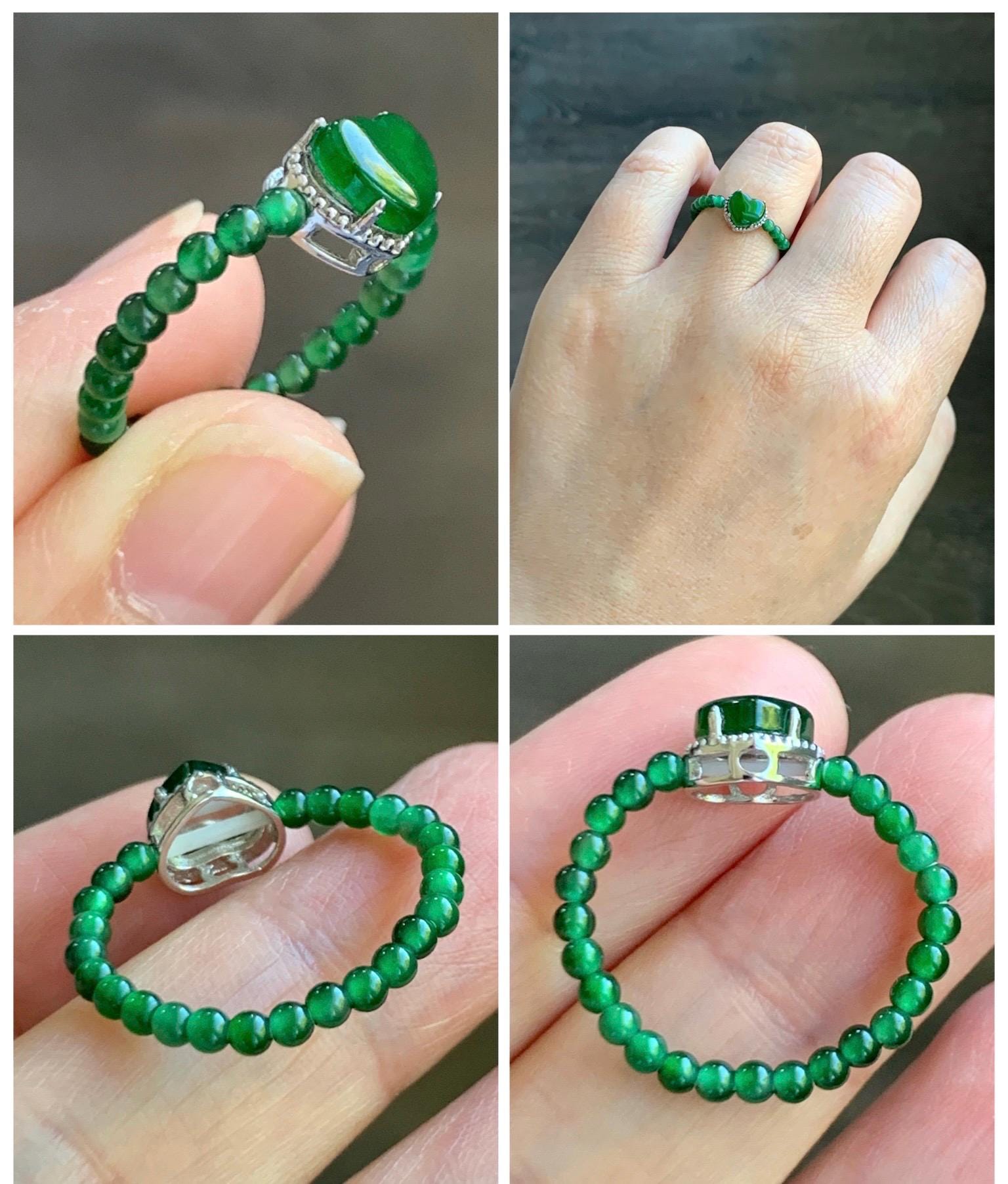 Natural Guatemalan Icy Translucent Vibrant Green Jade Jadeite Petite Beads Heart Charm Beaded Band Ring Size 7 US 天然冰危绿翡翠小珠潘多拉爱心戒圈 WLZZ110