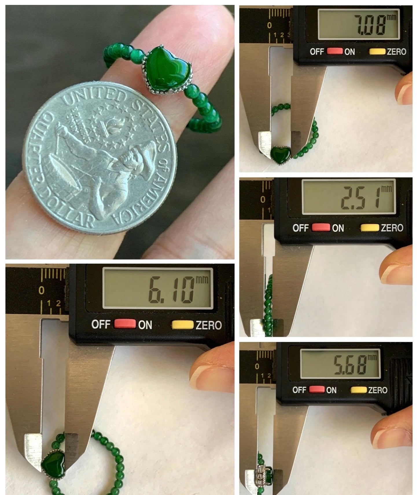 Natural Guatemalan Icy Translucent Vibrant Green Jade Jadeite Petite Beads Heart Charm Beaded Band Ring Size 7 US 天然冰危绿翡翠小珠潘多拉爱心戒圈 WLZZ110