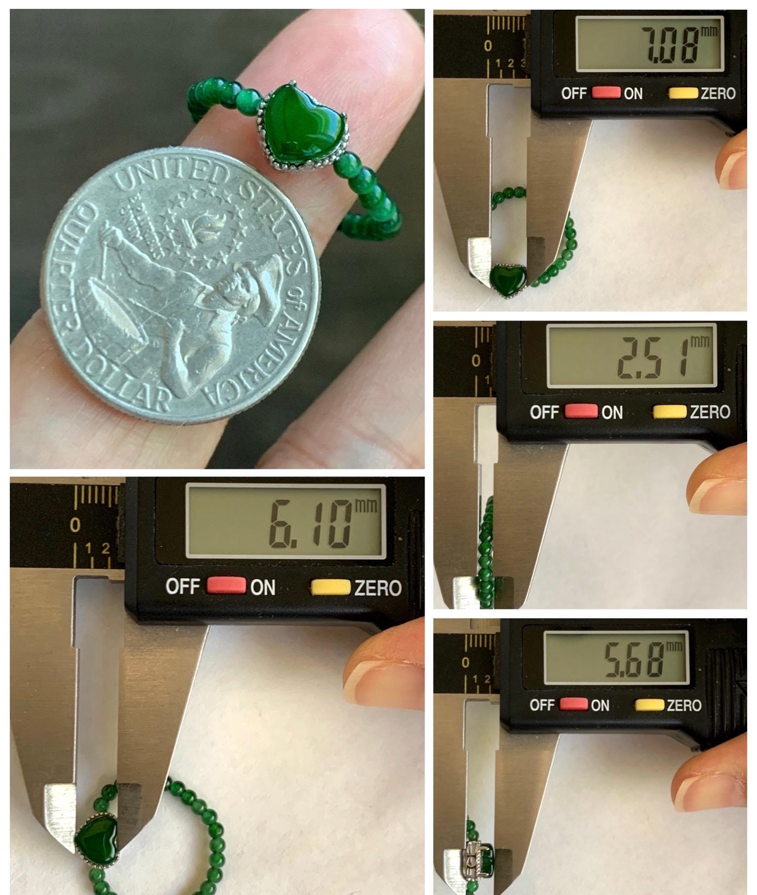 Natural Guatemalan Icy Translucent Vibrant Green Jade Jadeite Petite Beads Heart Charm Beaded Band Ring Size 7 US 天然冰危绿翡翠小珠潘多拉爱心戒圈 WLZZ110