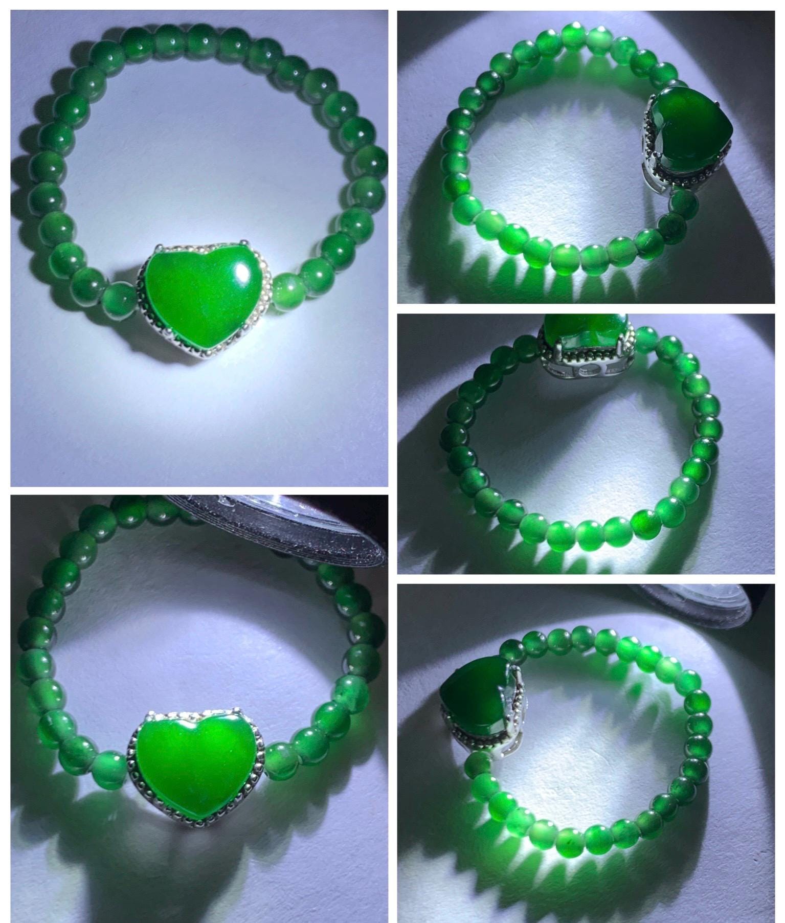 Natural Guatemalan Icy Translucent Vibrant Green Jade Jadeite Petite Beads Heart Charm Beaded Band Ring Size 7 US 天然冰危绿翡翠小珠潘多拉爱心戒圈 WLZZ110