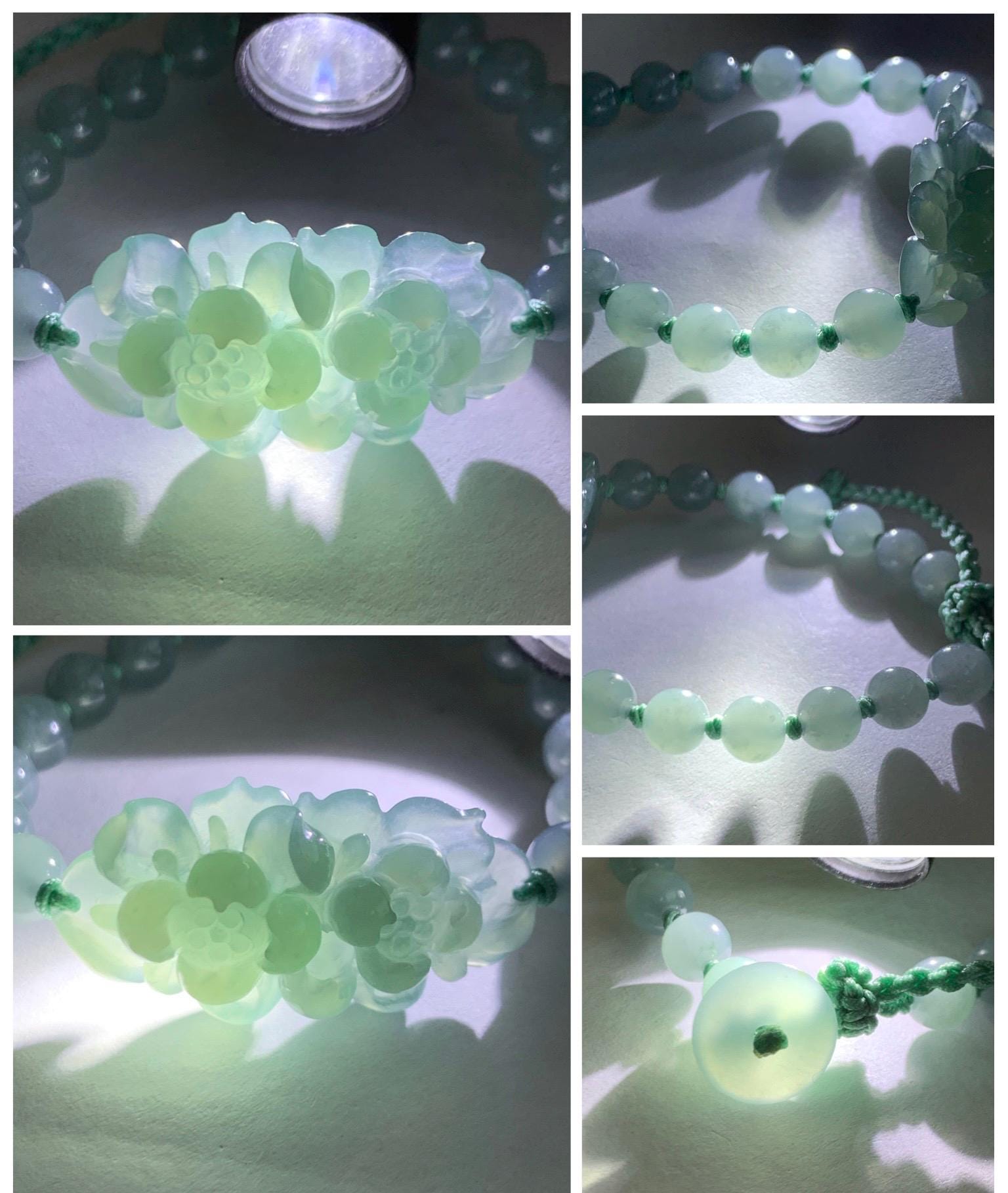 Natural Guatemalan Icy Translucent Light Teal Jade Jadeite Double Lotus Flower Beaded Rope Bracelet 6”-7.25” 16g 天然冰胶危浅蓝晴翡翠双莲花圆珠手串 QWQ279