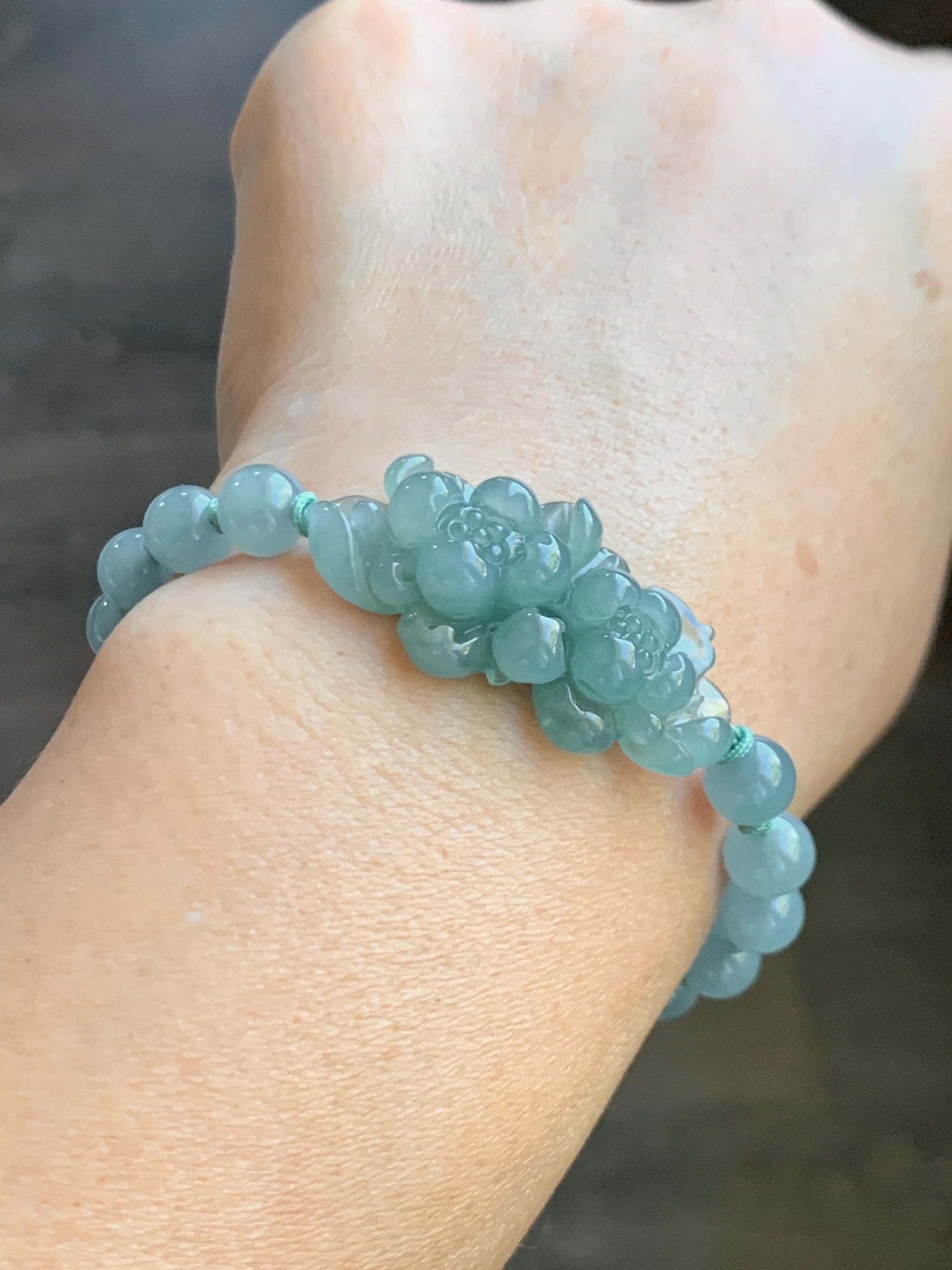 Natural Guatemalan Icy Translucent Light Teal Jade Jadeite Double Lotus Flower Beaded Rope Bracelet 6”-7.25” 16g 天然冰胶危浅蓝晴翡翠双莲花圆珠手串 QWQ279