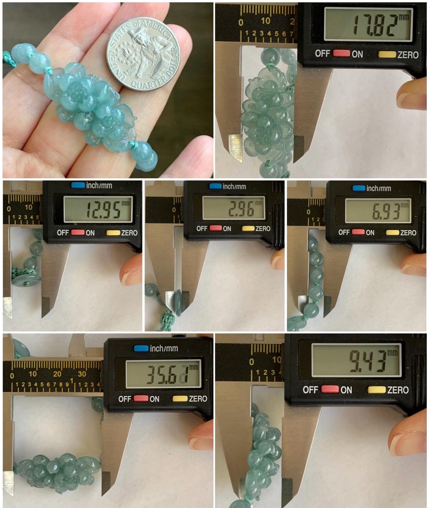 Natural Guatemalan Icy Translucent Light Teal Jade Jadeite Double Lotus Flower Beaded Rope Bracelet 6”-7.25” 16g 天然冰胶危浅蓝晴翡翠双莲花圆珠手串 QWQ279