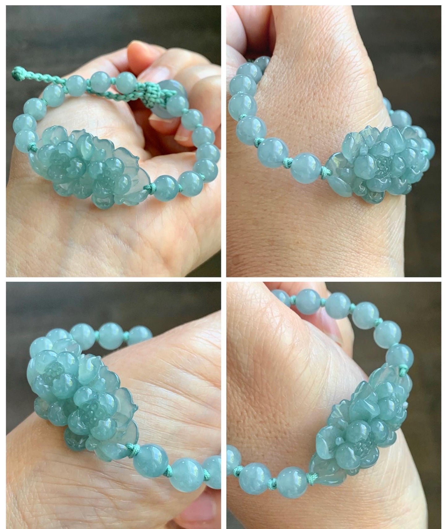 Natural Guatemalan Icy Translucent Light Teal Jade Jadeite Double Lotus Flower Beaded Rope Bracelet 6”-7.25” 16g 天然冰胶危浅蓝晴翡翠双莲花圆珠手串 QWQ279
