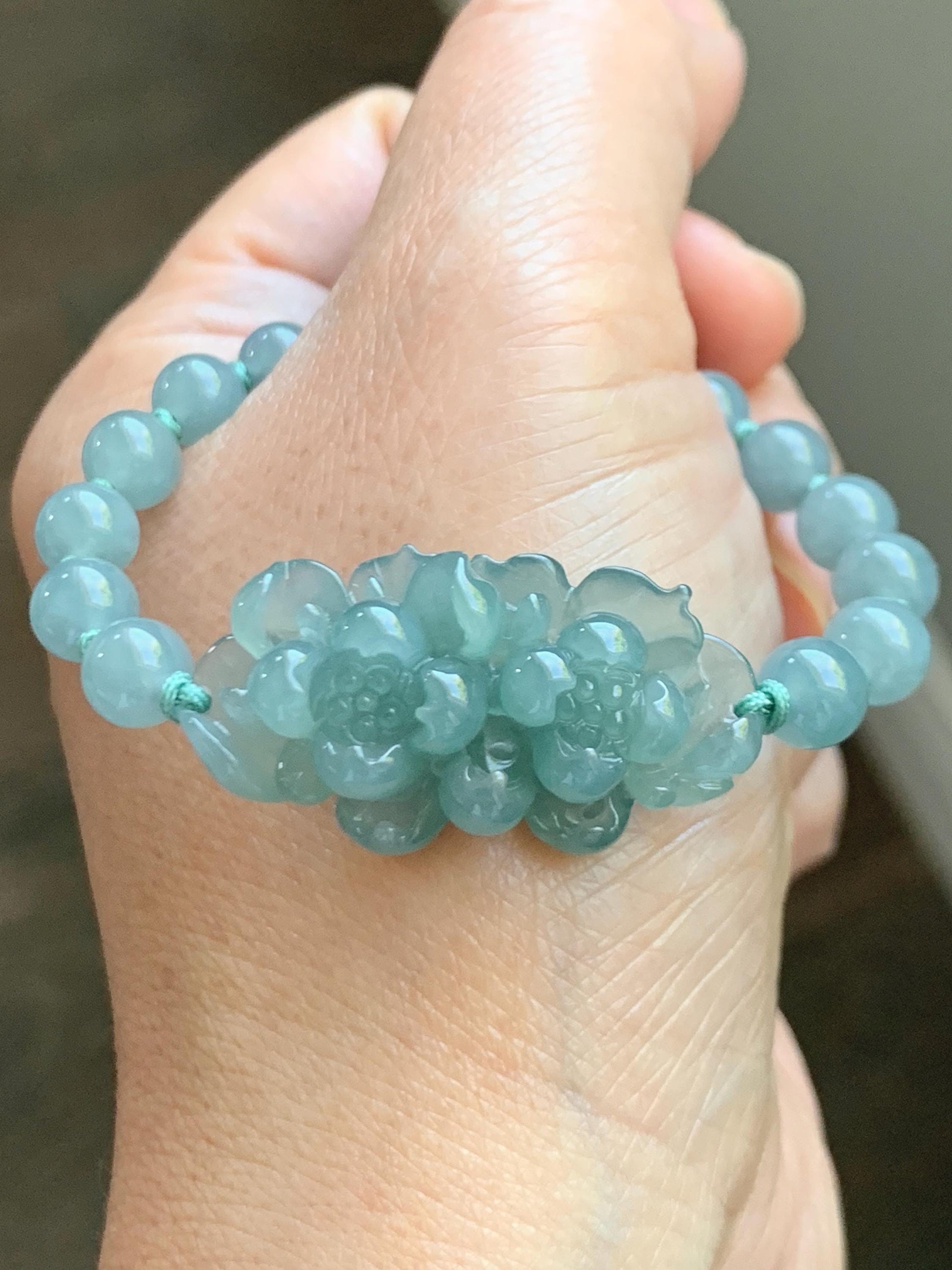 Natural Guatemalan Icy Translucent Light Teal Jade Jadeite Double Lotus Flower Beaded Rope Bracelet 6”-7.25” 16g 天然冰胶危浅蓝晴翡翠双莲花圆珠手串 QWQ279