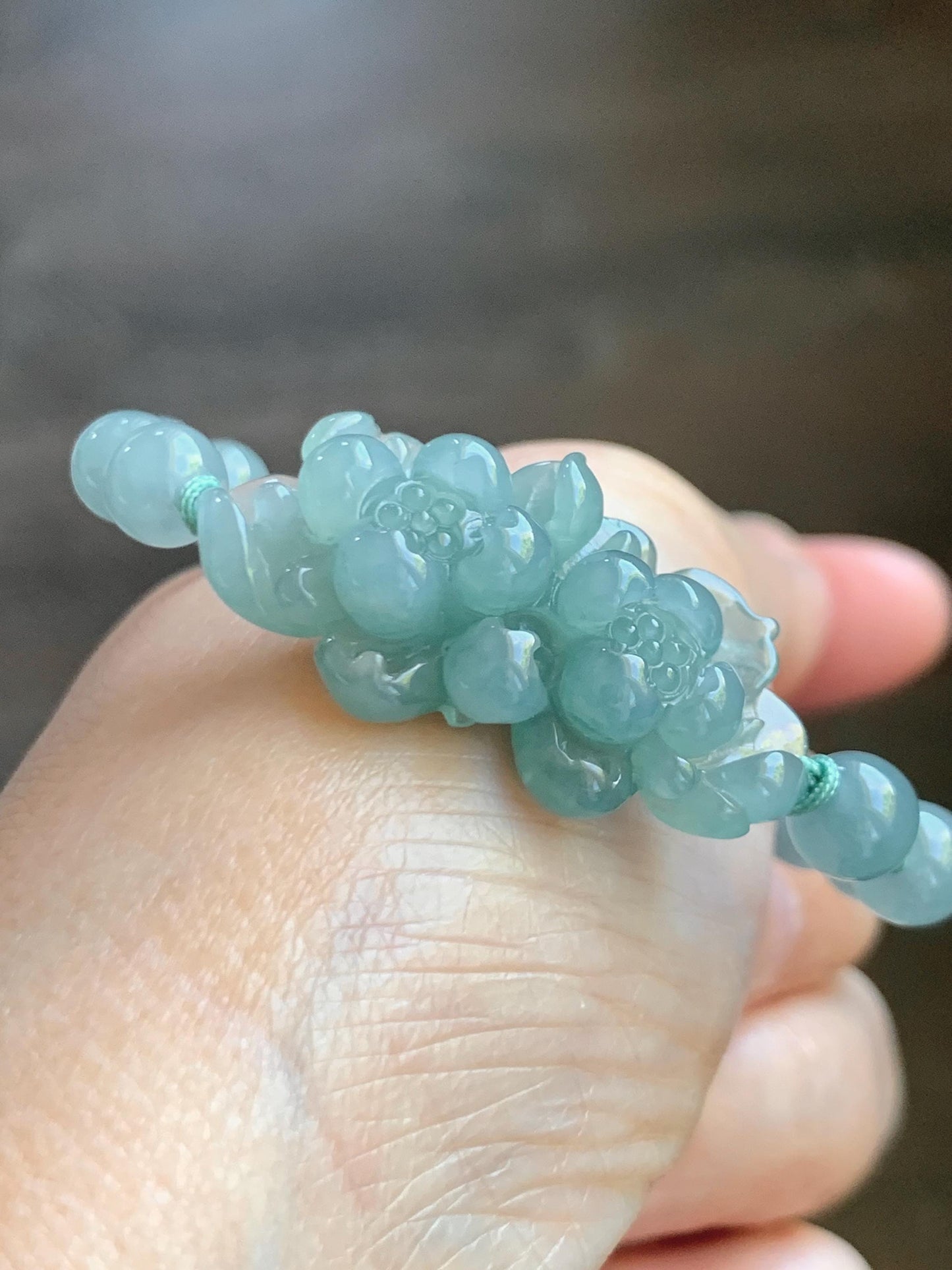 Natural Guatemalan Icy Translucent Light Teal Jade Jadeite Double Lotus Flower Beaded Rope Bracelet 6”-7.25” 16g 天然冰胶危浅蓝晴翡翠双莲花圆珠手串 QWQ279