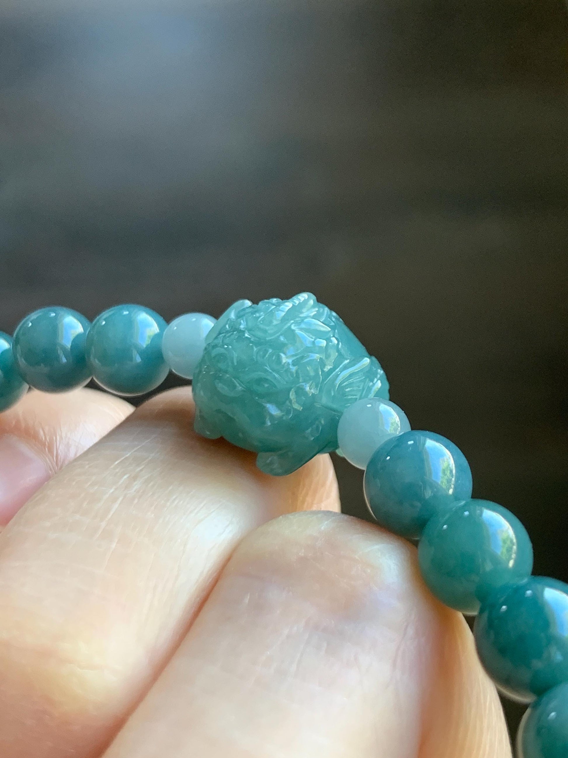 Natural Grade A Guatemalan Icy Translucent Teal Jade Jadeite Carved Pixiu Bead Beaded Bracelet Stretchy 7mm 7.25” 18g 天然冰危蓝绿翡翠貔貅珠圆珠手串 PXZ15