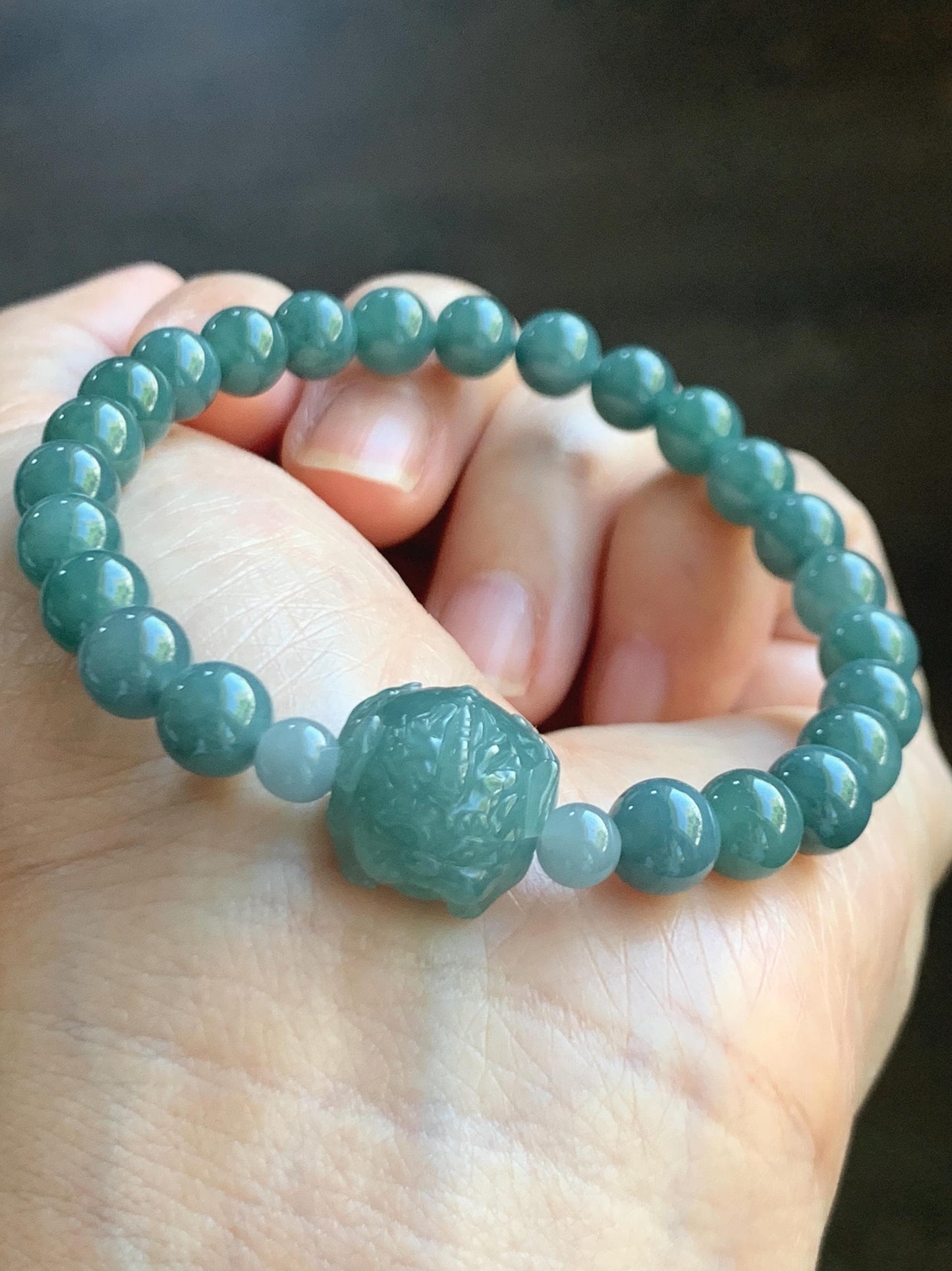 Natural Grade A Guatemalan Icy Translucent Teal Jade Jadeite Carved Pixiu Bead Beaded Bracelet Stretchy 7mm 7.25” 18g 天然冰危蓝绿翡翠貔貅珠圆珠手串 PXZ15