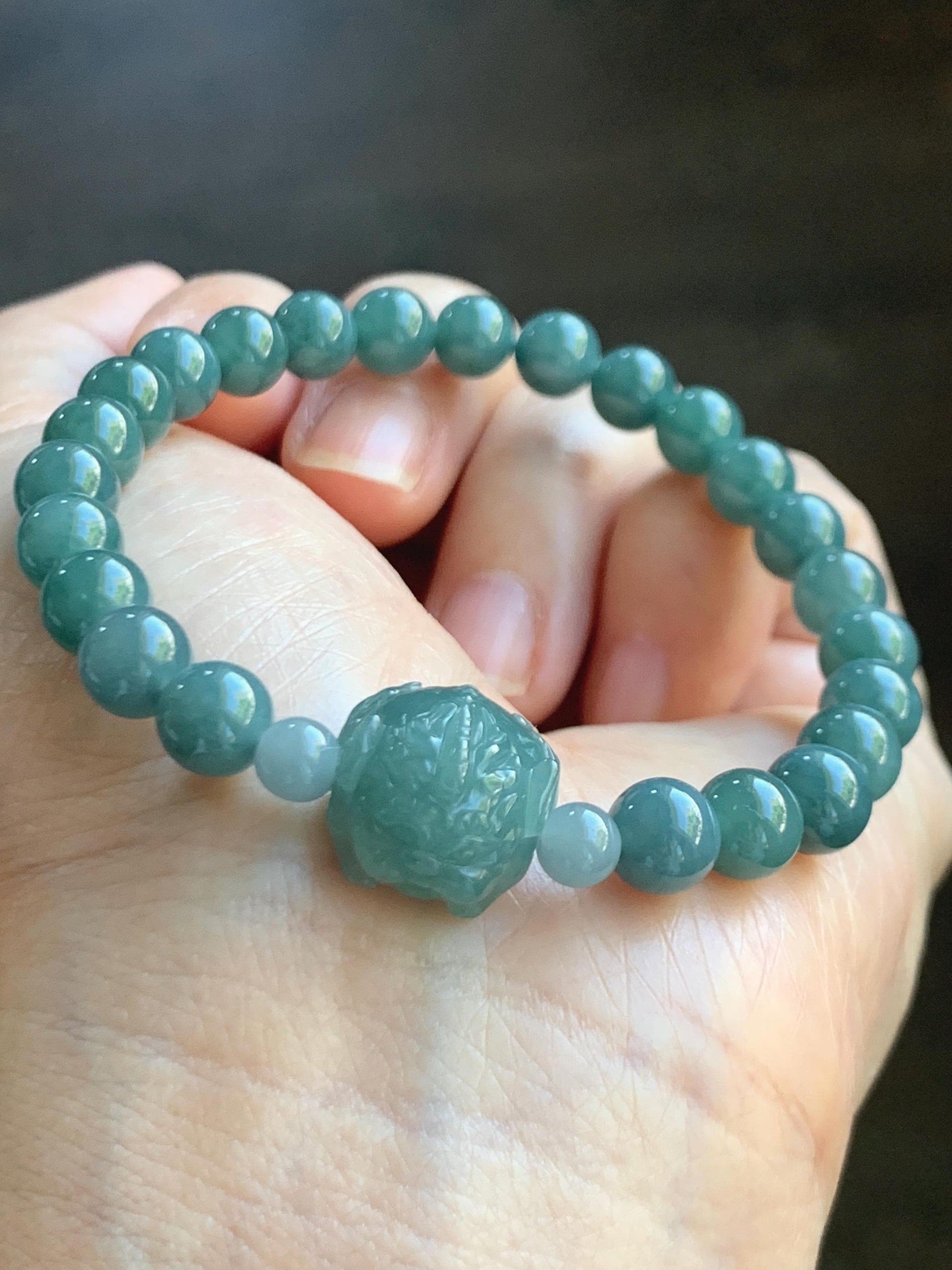 Natural Grade A Guatemalan Icy Translucent Teal Jade Jadeite Carved Pixiu Bead Beaded Bracelet Stretchy 7mm 7.25” 18g 天然冰危蓝绿翡翠貔貅珠圆珠手串 PXZ15