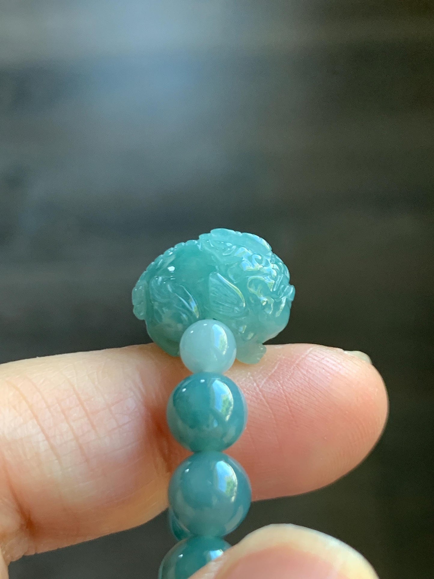 Natural Grade A Guatemalan Icy Translucent Teal Jade Jadeite Carved Pixiu Bead Beaded Bracelet Stretchy 7mm 7.25” 18g 天然冰危蓝绿翡翠貔貅珠圆珠手串 PXZ15