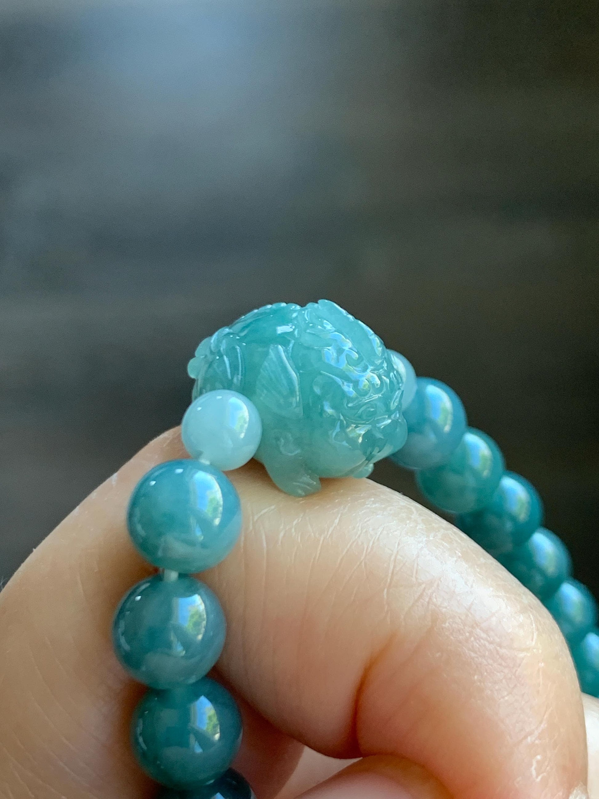 Natural Grade A Guatemalan Icy Translucent Teal Jade Jadeite Carved Pixiu Bead Beaded Bracelet Stretchy 7mm 7.25” 18g 天然冰危蓝绿翡翠貔貅珠圆珠手串 PXZ15