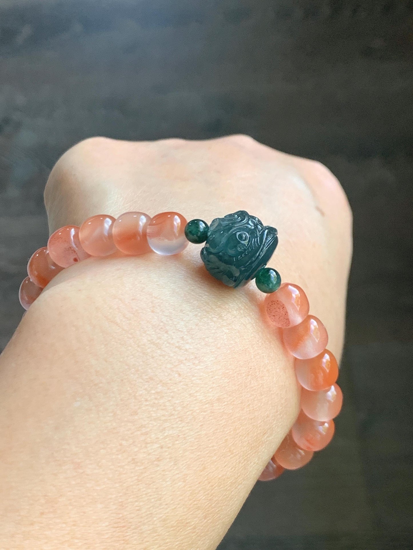 Natural Guatemalan Grade A Icy Translucent Dark Aegean Blue Jade Jadeite Dancing Lion Agate Beaded Bracelet 7” 天然冰胶危蓝绿翡翠醒狮珠玛瑙手串 XSH127