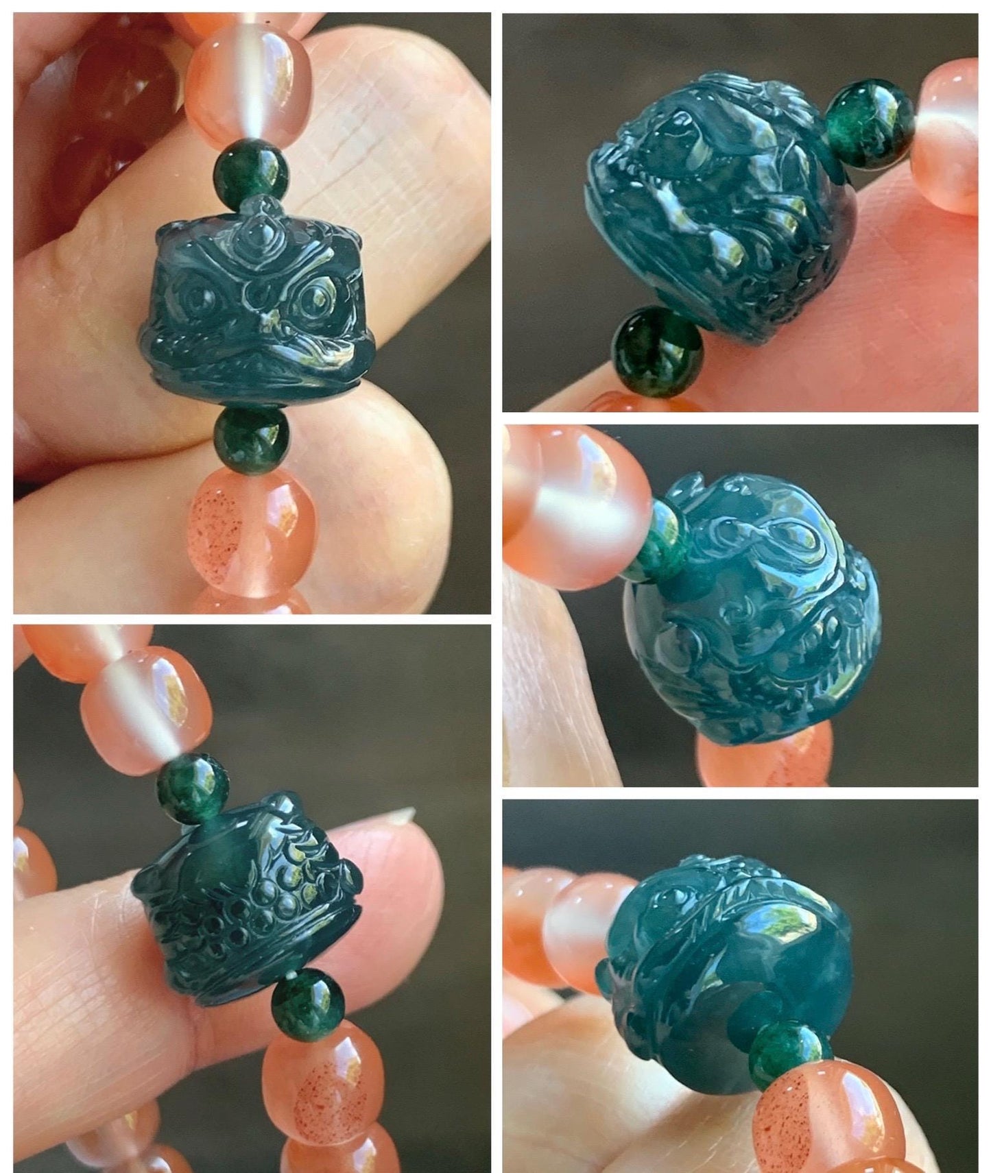 Natural Guatemalan Grade A Icy Translucent Dark Aegean Blue Jade Jadeite Dancing Lion Agate Beaded Bracelet 7” 天然冰胶危蓝绿翡翠醒狮珠玛瑙手串 XSH127