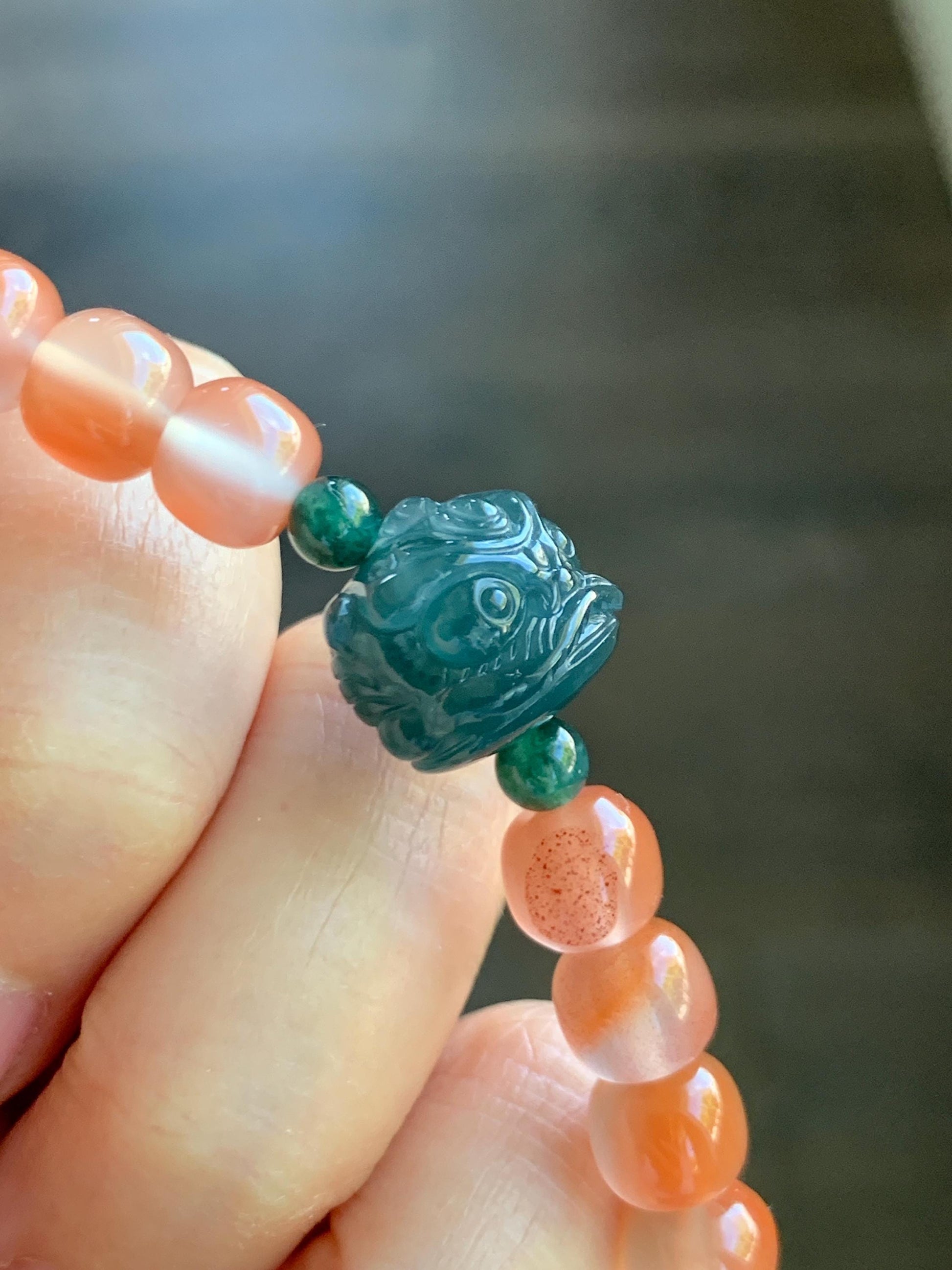 Natural Guatemalan Grade A Icy Translucent Dark Aegean Blue Jade Jadeite Dancing Lion Agate Beaded Bracelet 7” 天然冰胶危蓝绿翡翠醒狮珠玛瑙手串 XSH127