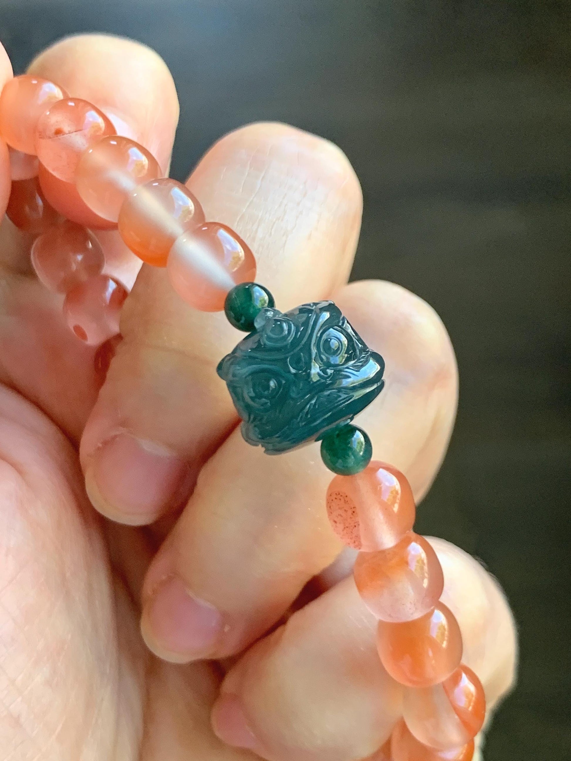 Natural Guatemalan Grade A Icy Translucent Dark Aegean Blue Jade Jadeite Dancing Lion Agate Beaded Bracelet 7” 天然冰胶危蓝绿翡翠醒狮珠玛瑙手串 XSH127