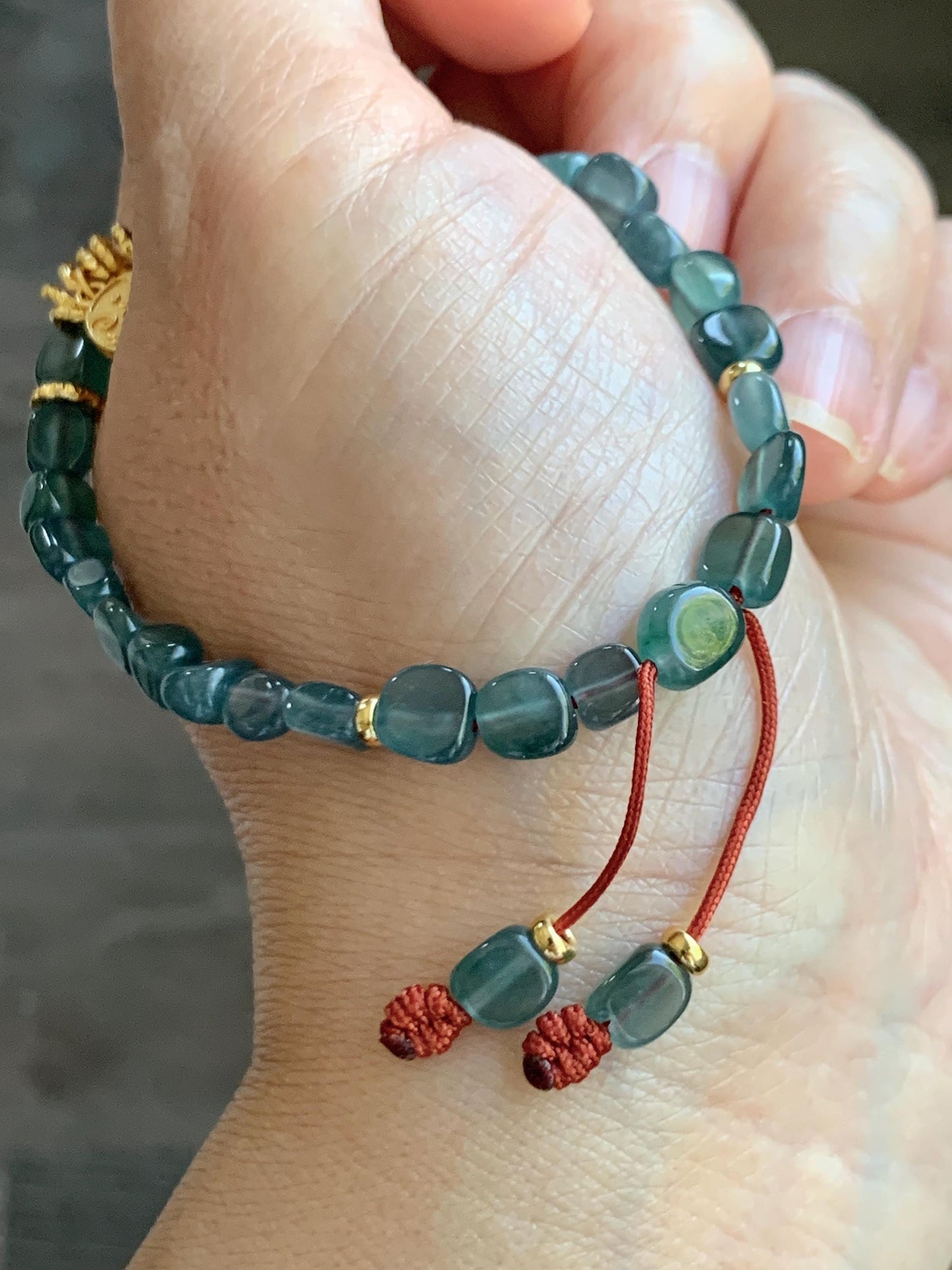 Natural Grade A Guatemalan Icy Translucent Teal Blue Jade Jadeite Nuggets Beaded Fortune Bracelet Sterling Silver 6.75” 天然冰透危蓝翡翠随形珠手串 XSX168