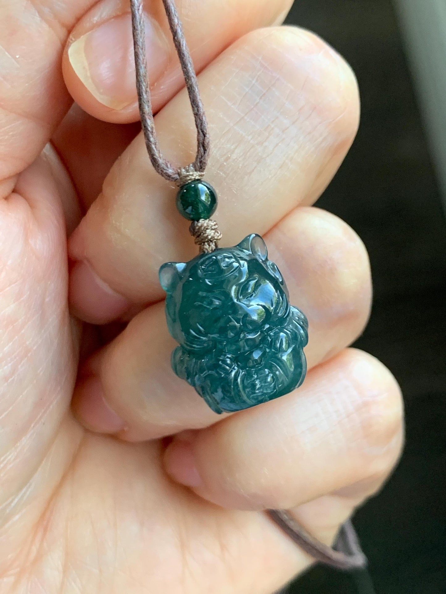 Natural Grade A Guatemalan Icy Translucent Dark Teal Blue Jade Jadeite Tiger Pendant Rope Necklace Chinese Zodiac 25” 天然冰危深蓝翡翠生肖虎吊坠 SHX150T