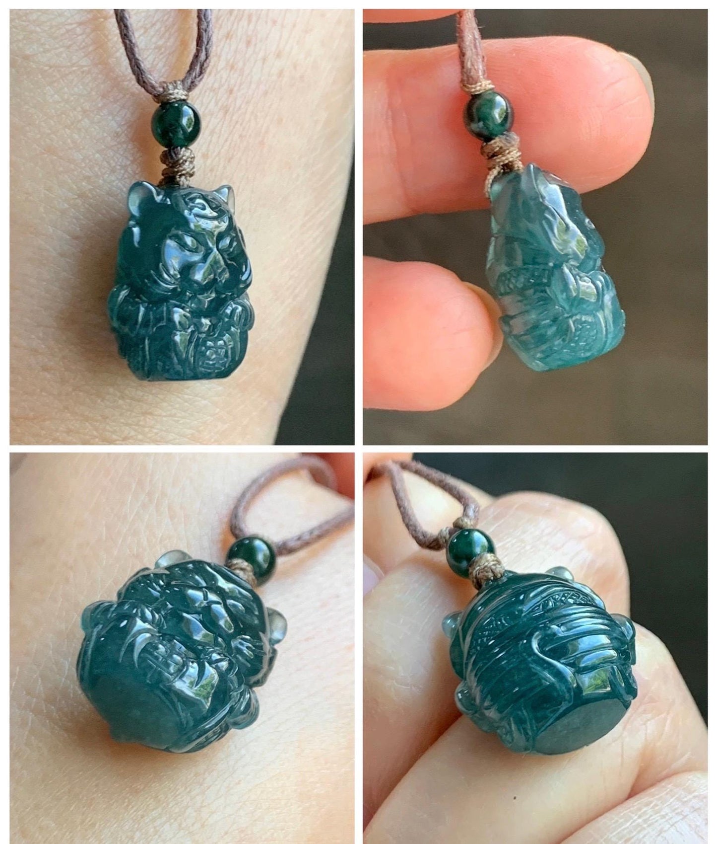 Natural Grade A Guatemalan Icy Translucent Dark Teal Blue Jade Jadeite Tiger Pendant Rope Necklace Chinese Zodiac 25” 天然冰危深蓝翡翠生肖虎吊坠 SHX150T
