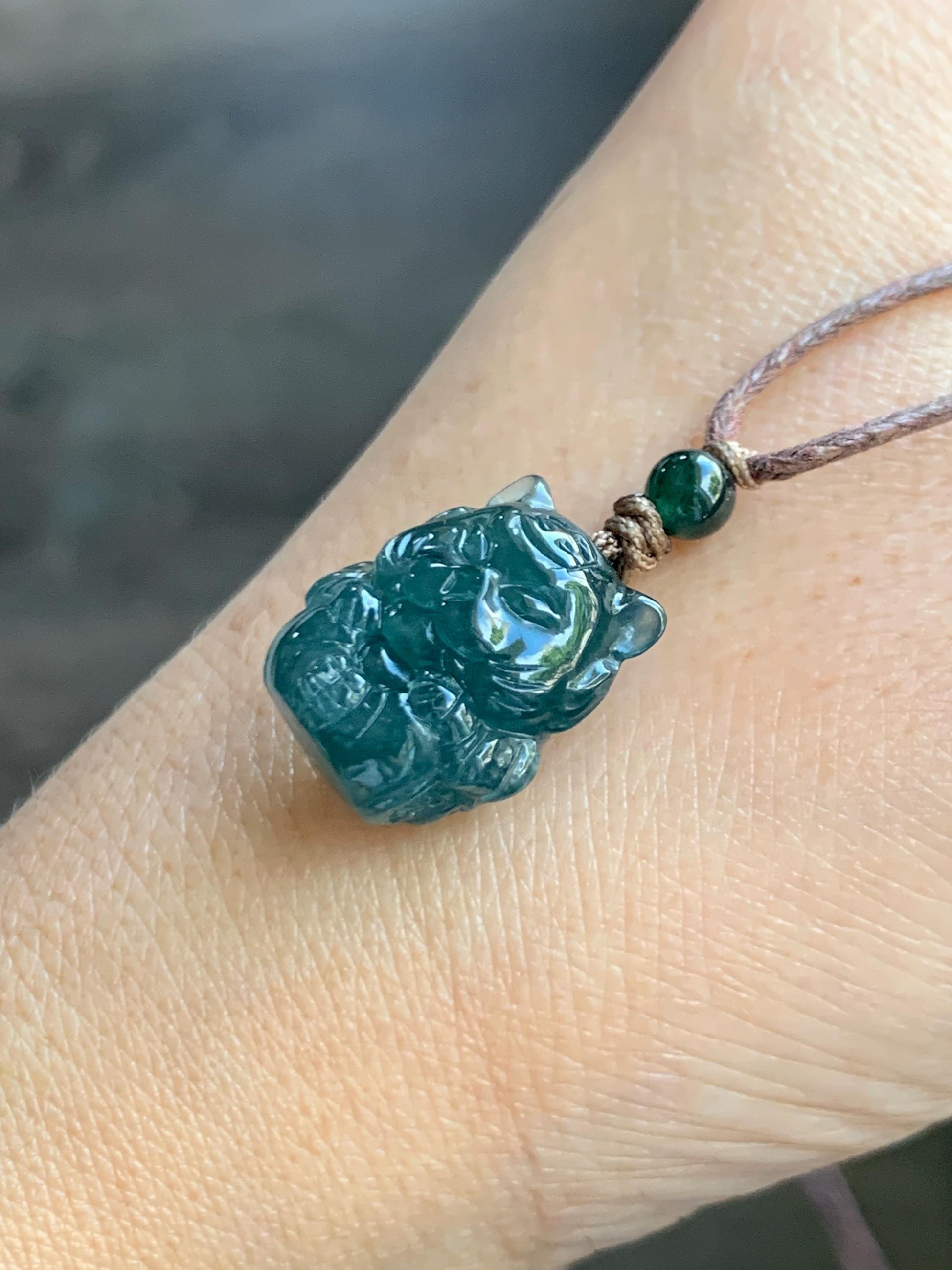 Natural Grade A Guatemalan Icy Translucent Dark Teal Blue Jade Jadeite Tiger Pendant Rope Necklace Chinese Zodiac 25” 天然冰危深蓝翡翠生肖虎吊坠 SHX150T