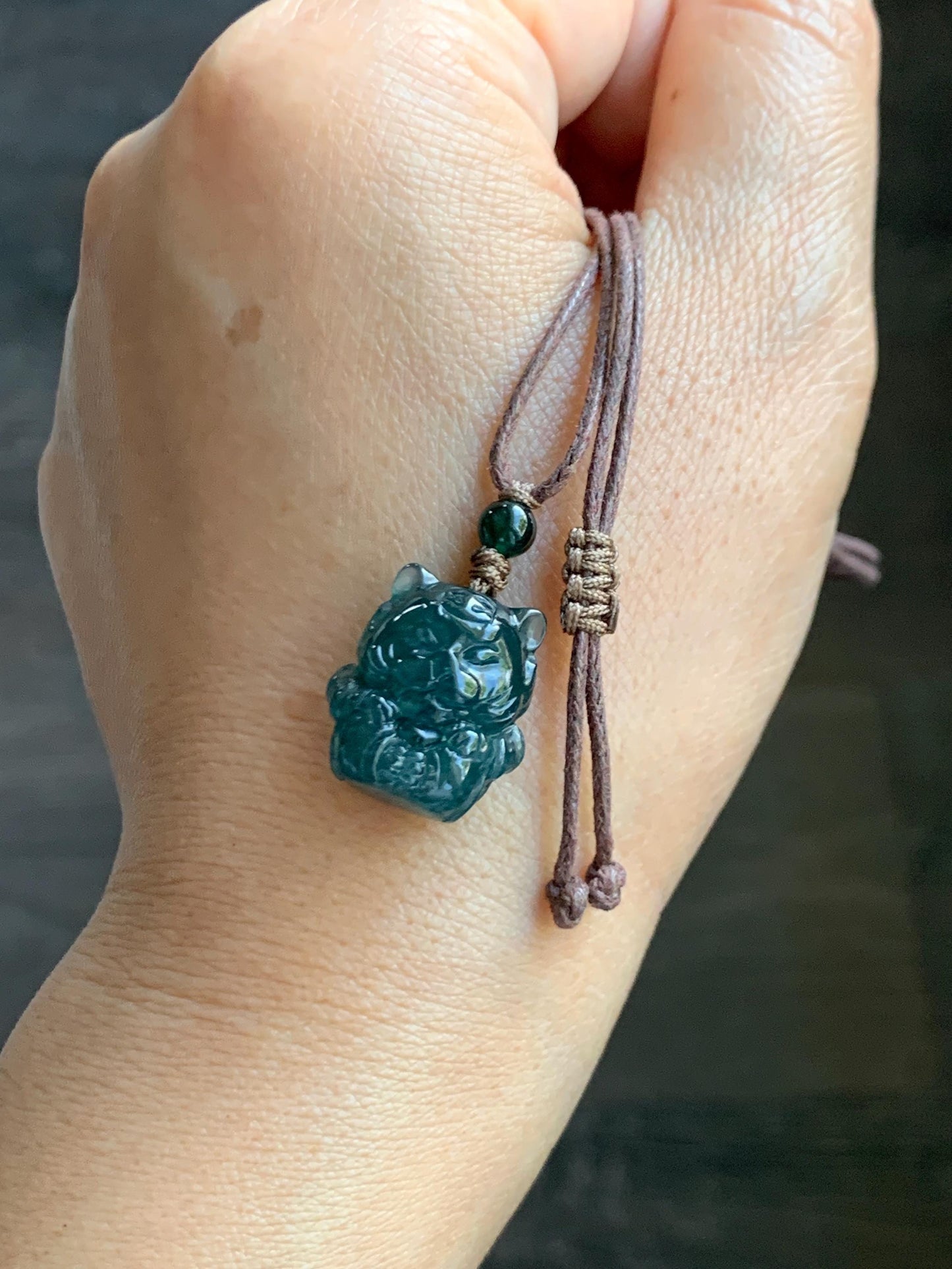 Natural Grade A Guatemalan Icy Translucent Dark Teal Blue Jade Jadeite Tiger Pendant Rope Necklace Chinese Zodiac 25” 天然冰危深蓝翡翠生肖虎吊坠 SHX150T