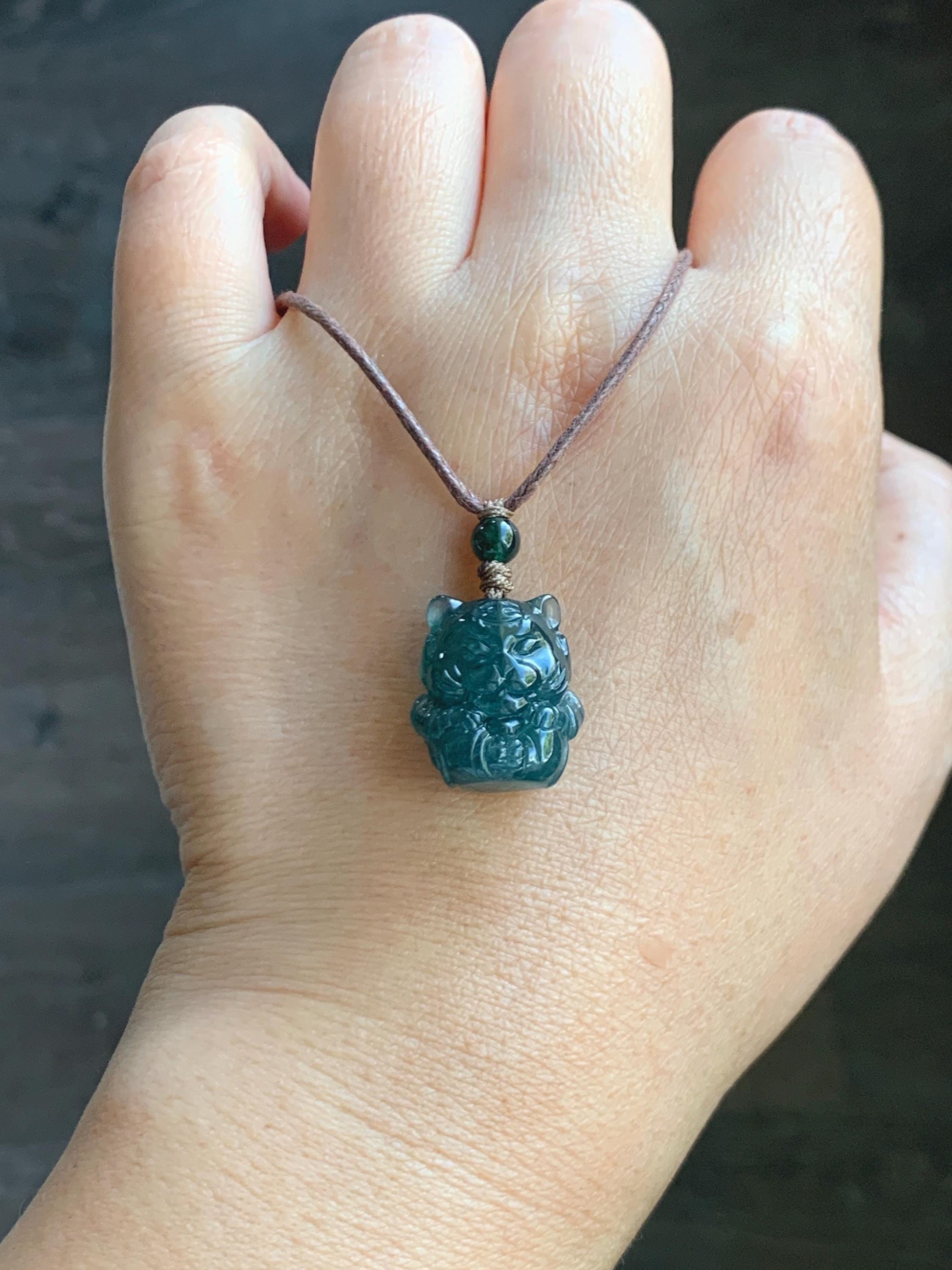 Natural Grade A Guatemalan Icy Translucent Dark Teal Blue Jade Jadeite Tiger Pendant Rope Necklace Chinese Zodiac 25” 天然冰危深蓝翡翠生肖虎吊坠 SHX150T