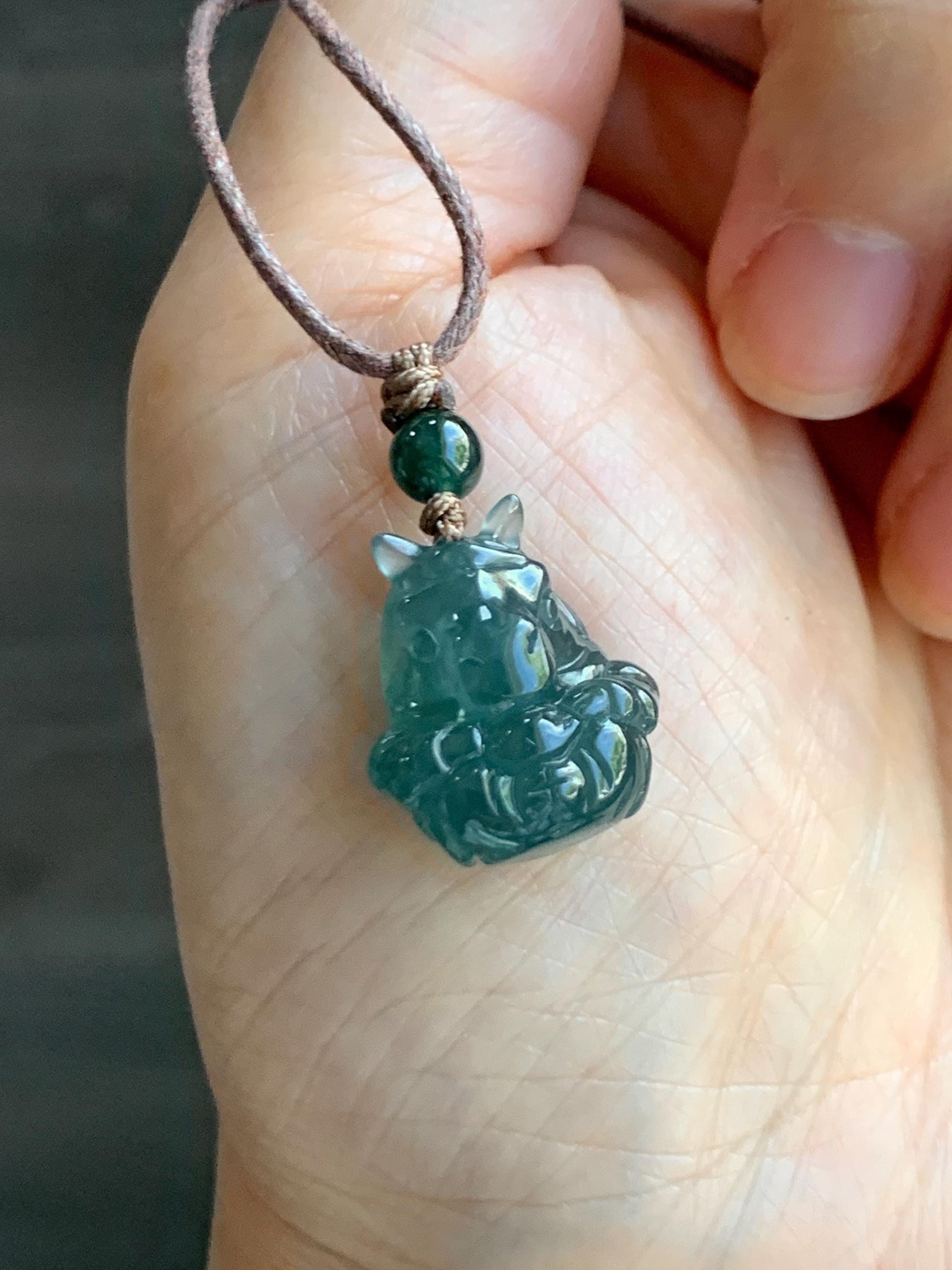 Natural Grade A Guatemalan Icy Translucent Dark Teal Blue Jade Jadeite Horse Pendant Rope Necklace Chinese Zodiac 25” 天然冰危深蓝翡翠生肖马吊坠 SHX150H