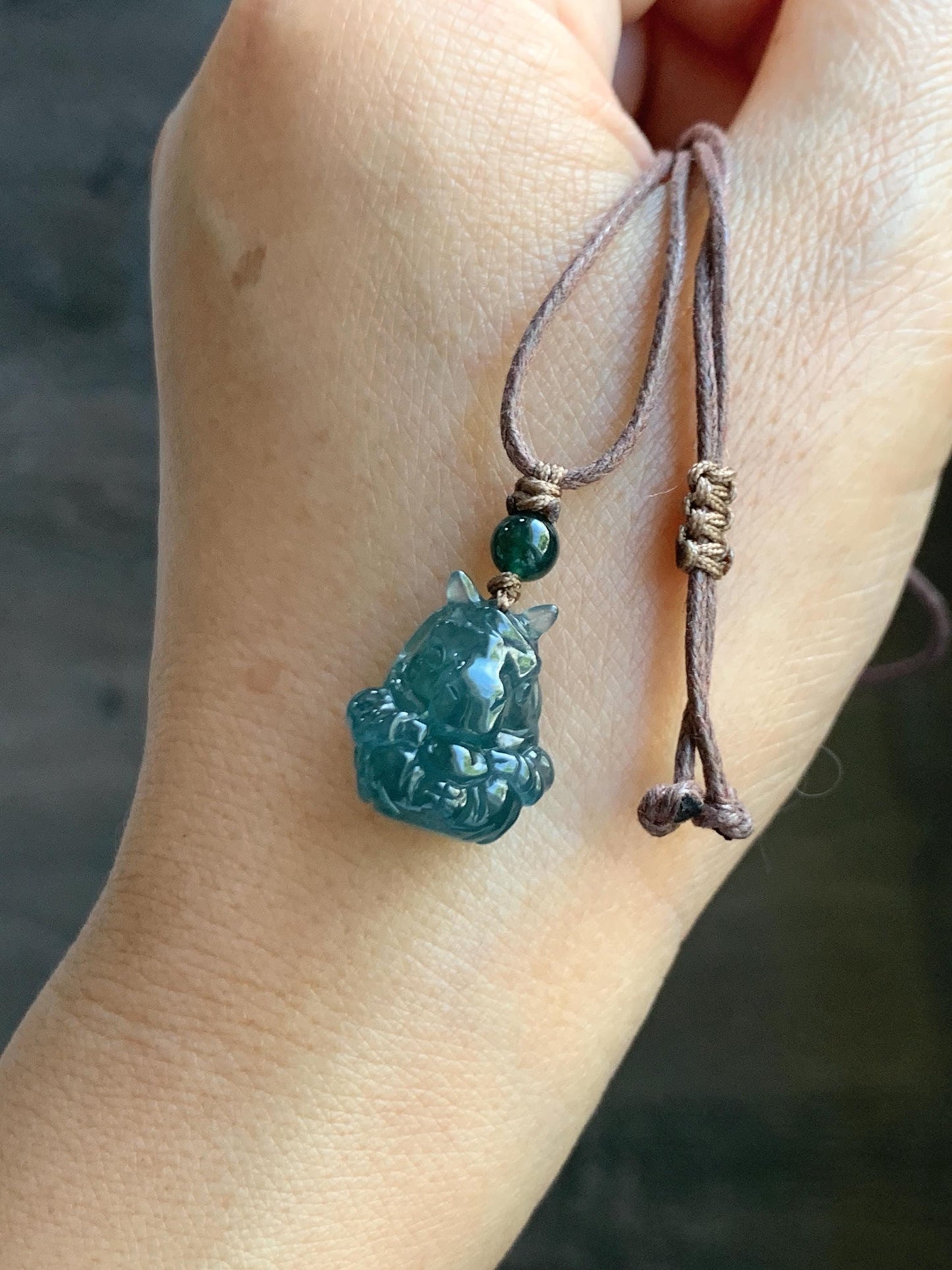Natural Grade A Guatemalan Icy Translucent Dark Teal Blue Jade Jadeite Horse Pendant Rope Necklace Chinese Zodiac 25” 天然冰危深蓝翡翠生肖马吊坠 SHX150H