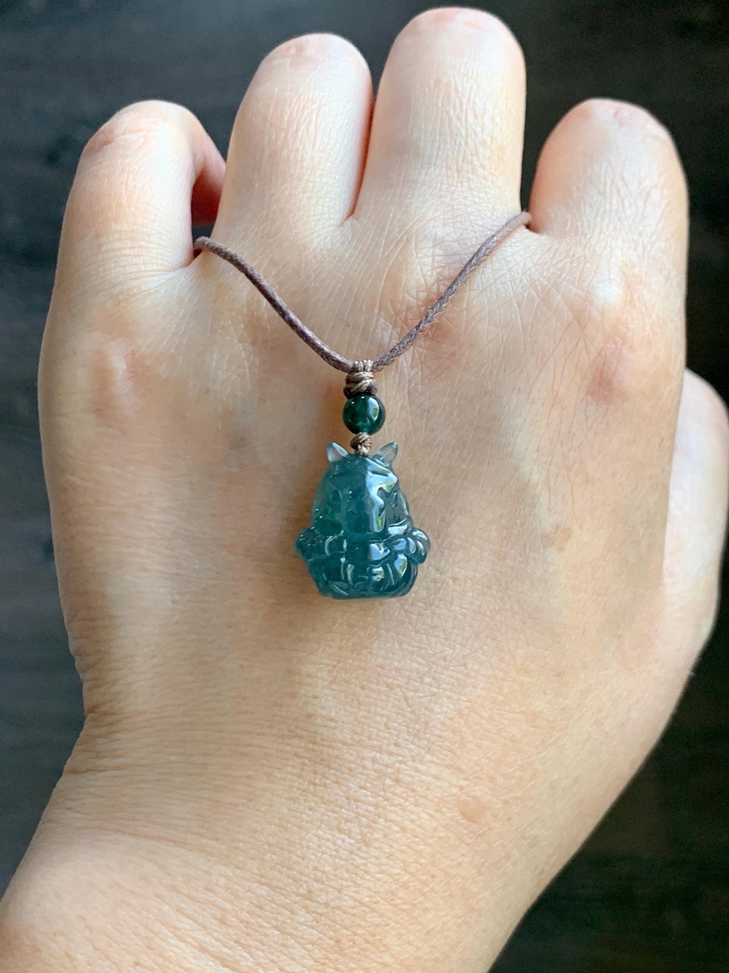 Natural Grade A Guatemalan Icy Translucent Dark Teal Blue Jade Jadeite Horse Pendant Rope Necklace Chinese Zodiac 25” 天然冰危深蓝翡翠生肖马吊坠 SHX150H