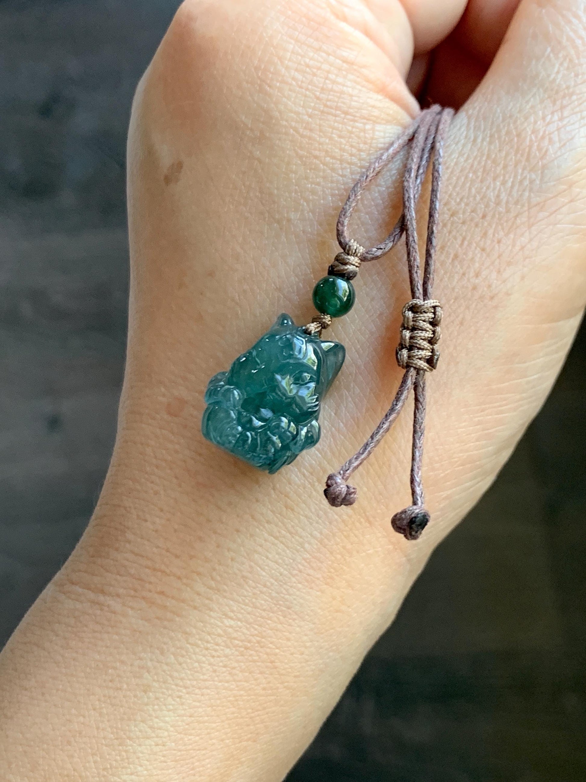 Natural Grade A Guatemalan Icy Translucent Dark Teal Blue Jade Jadeite Rabbit Pendant Rope Necklace Chinese Zodiac 26” 天然冰危深蓝翡翠生肖兔吊坠 SHX150R