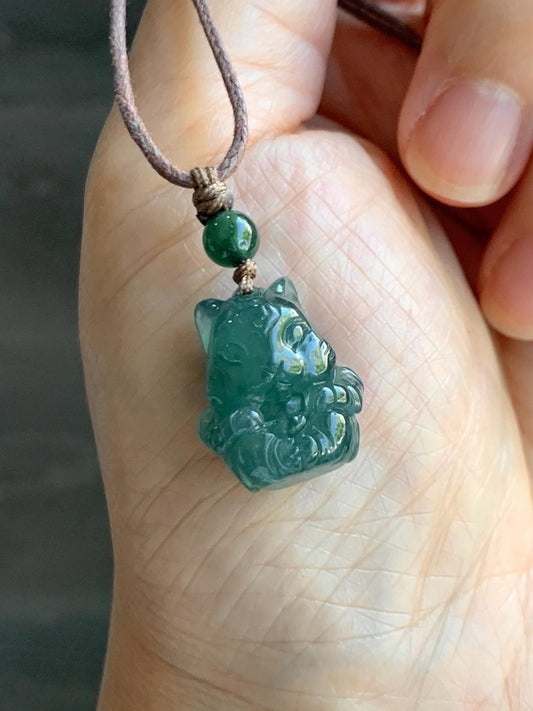 Natural Grade A Guatemalan Icy Translucent Dark Teal Blue Jade Jadeite Rabbit Pendant Rope Necklace Chinese Zodiac 26” 天然冰危深蓝翡翠生肖兔吊坠 SHX150R