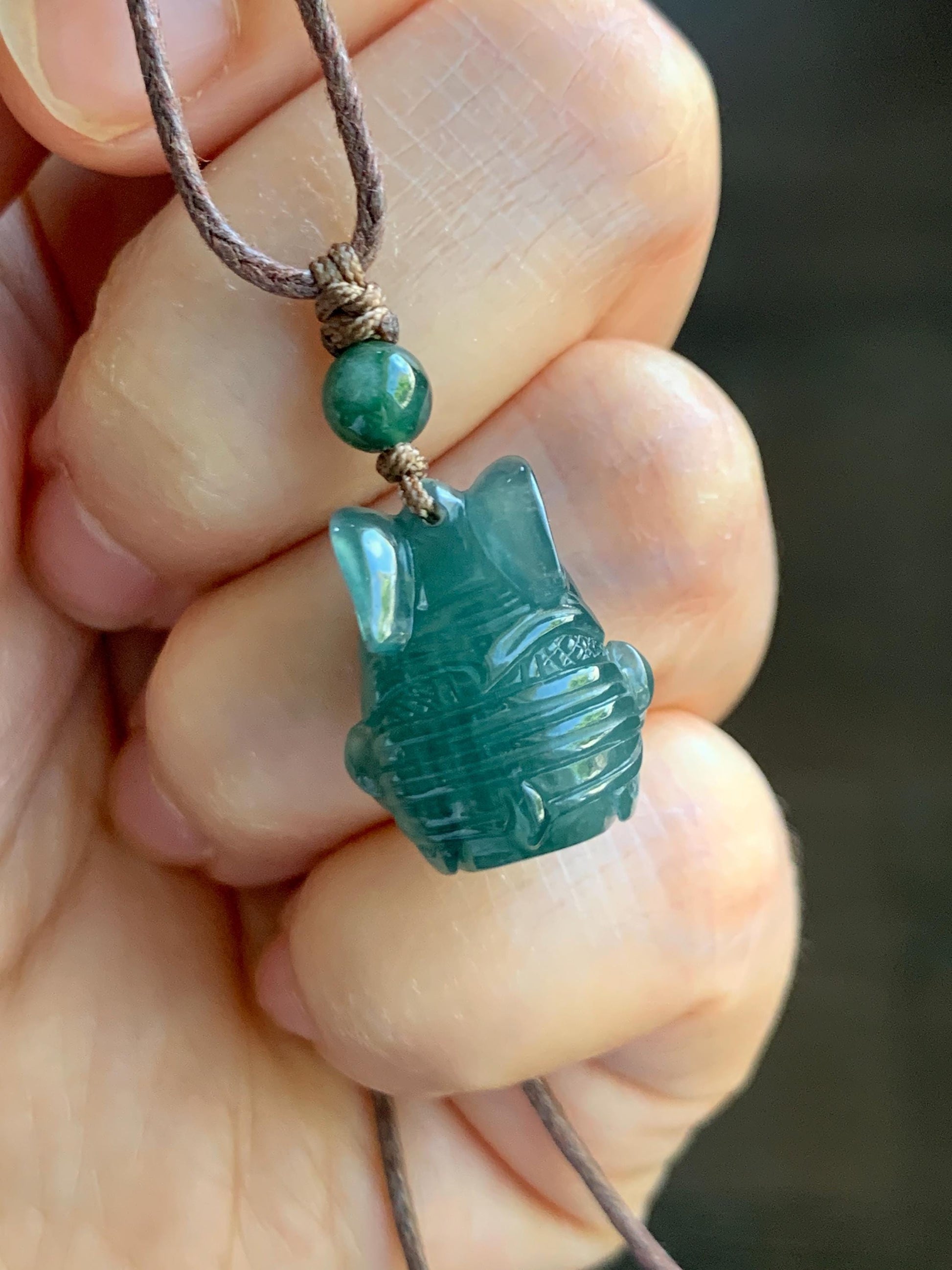 Natural Grade A Guatemalan Icy Translucent Dark Teal Blue Jade Jadeite Rabbit Pendant Rope Necklace Chinese Zodiac 26” 天然冰危深蓝翡翠生肖兔吊坠 SHX150R