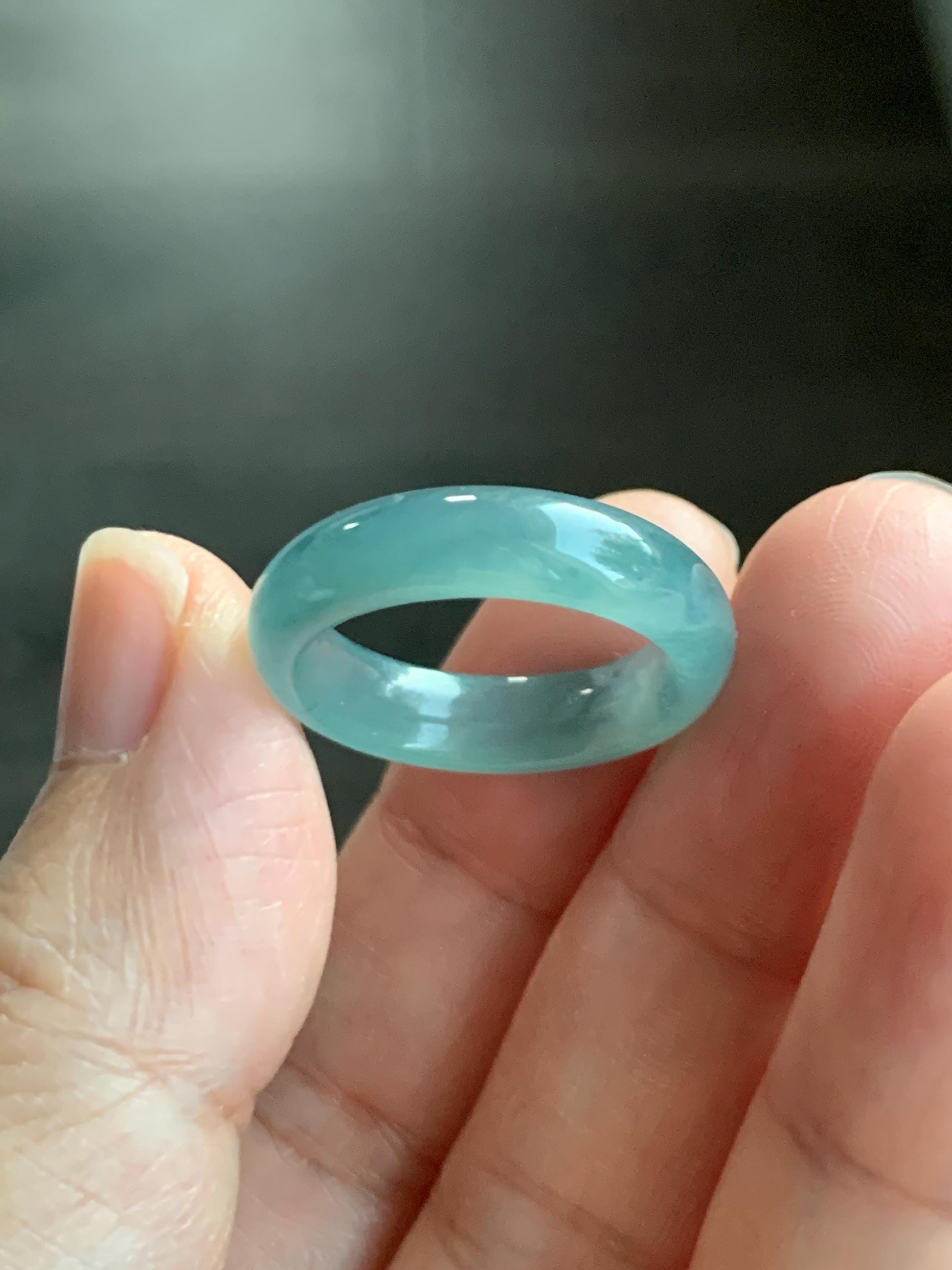 Natural Grade A Guatemalan Icy Translucent Dusty Teal Blue Jade Jadeite Wide Band Ring Comfort Fit Size 6.75 US 天然冰胶危蓝绿翡翠揭阳工戒圈 KWL330E