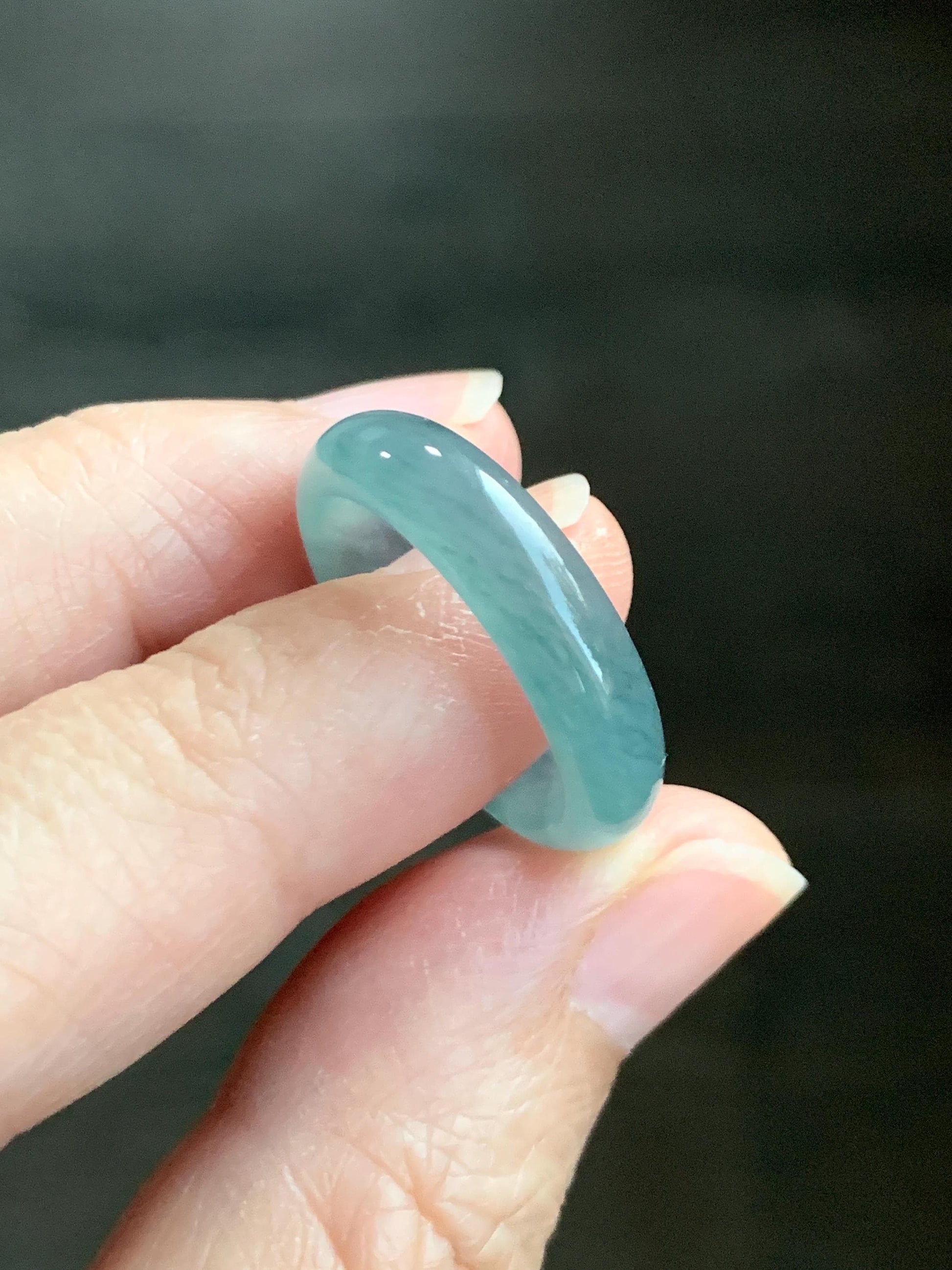 Natural Grade A Guatemalan Icy Translucent Dusty Teal Blue Jade Jadeite Wide Band Ring Comfort Fit Size 6.75 US 天然冰胶危蓝绿翡翠揭阳工戒圈 KWL330E