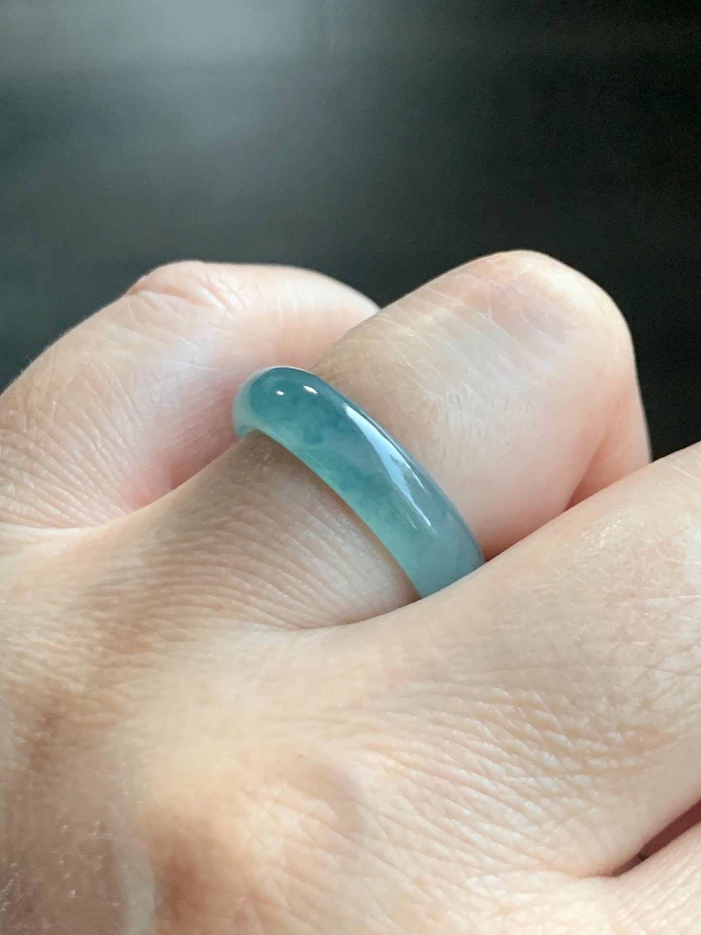 Natural Grade A Guatemalan Icy Translucent Dusty Teal Blue Jade Jadeite Wide Band Ring Comfort Fit Size 6.75 US 天然冰胶危蓝绿翡翠揭阳工戒圈 KWL330E