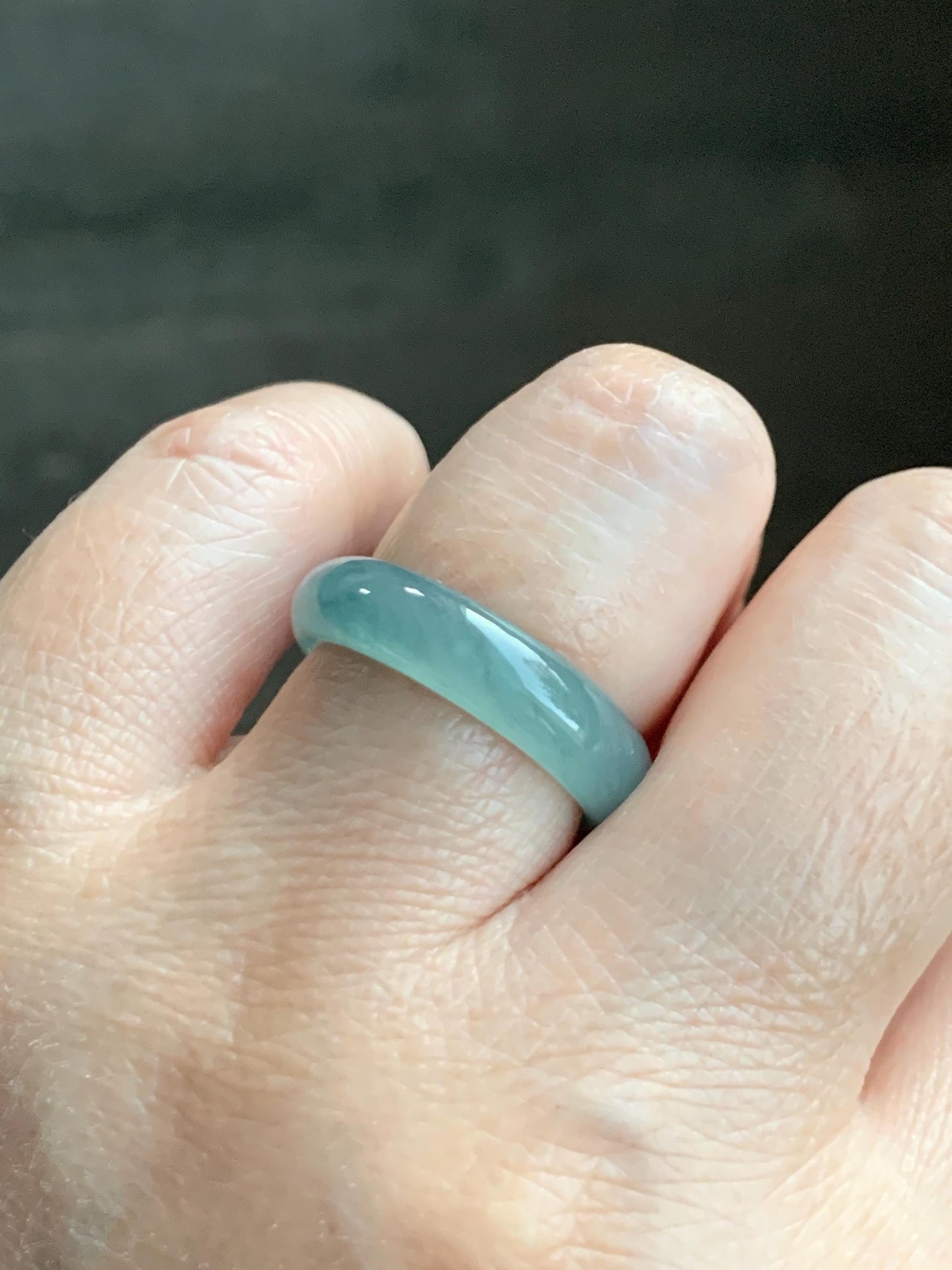 Natural Grade A Guatemalan Icy Translucent Dusty Teal Blue Jade Jadeite Wide Band Ring Comfort Fit Size 6.75 US 天然冰胶危蓝绿翡翠揭阳工戒圈 KWL330E