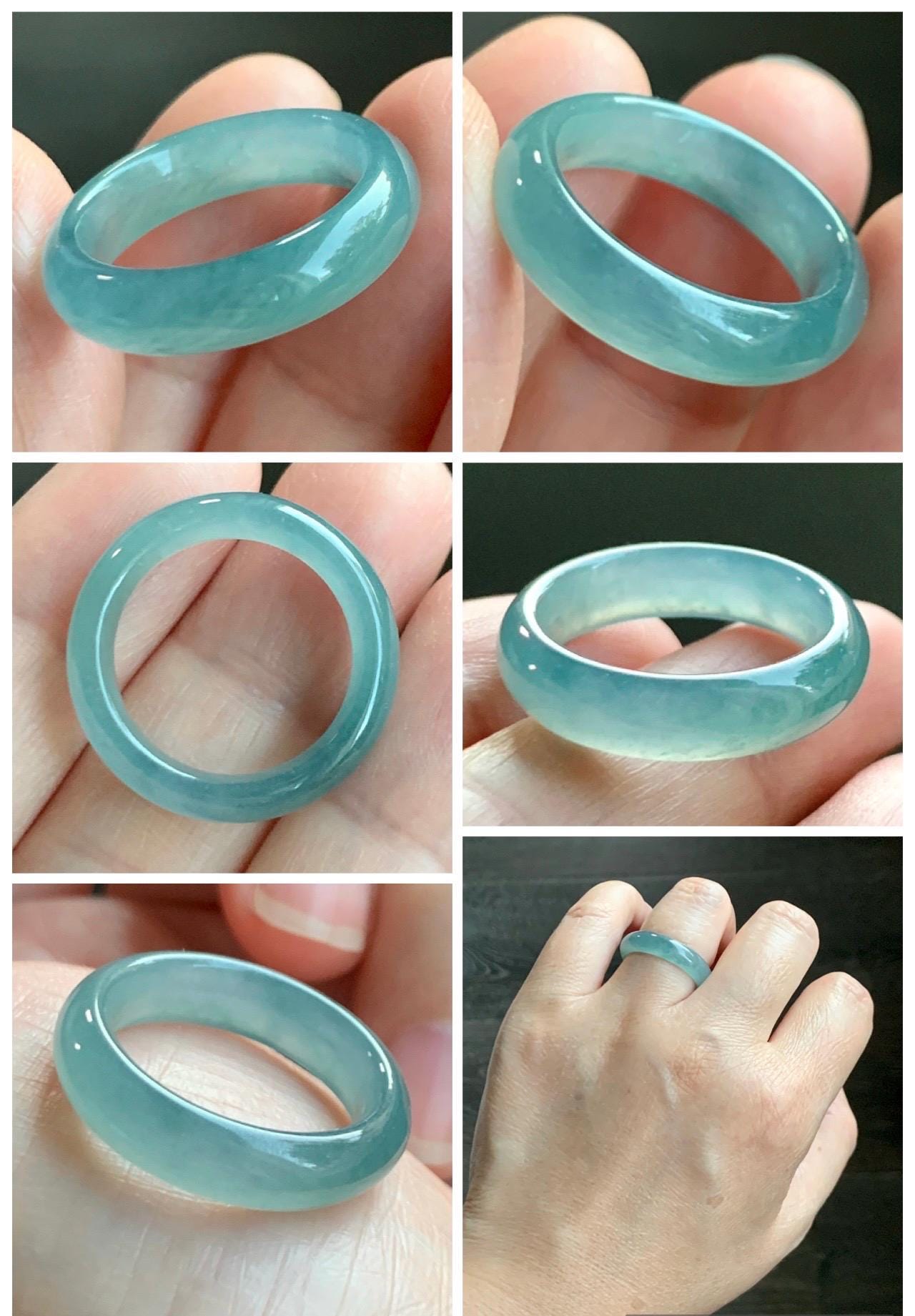 Natural Grade A Guatemalan Icy Translucent Dusty Teal Blue Jade Jadeite Wide Band Ring Comfort Fit Size 6.75 US 天然冰胶危蓝绿翡翠揭阳工戒圈 KWL330E