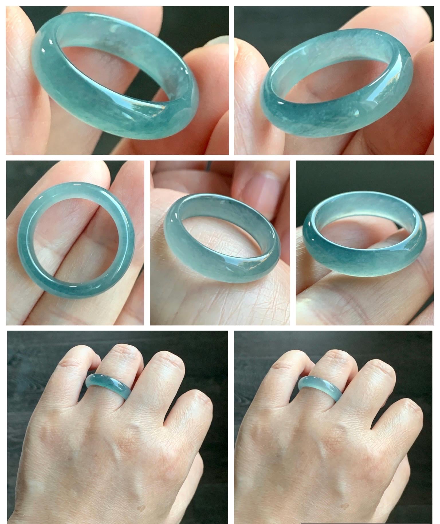 Natural Grade A Guatemalan Icy Translucent Dusty Teal Blue Jade Jadeite Wide Band Ring Comfort Fit Size 7.25 US 天然冰胶危蓝绿翡翠揭阳工戒圈 KWL330D