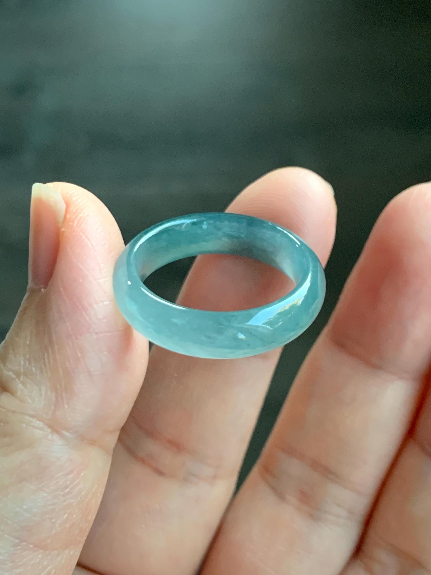 Natural Grade A Guatemalan Icy Translucent Dusty Teal Blue Jade Jadeite Wide Band Ring Comfort Fit Size 7.25 US 天然冰胶危蓝绿翡翠揭阳工戒圈 KWL330D